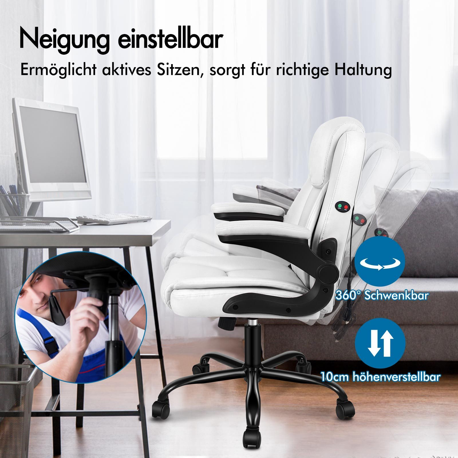 Ein weißer Bürostuhl mit schwarzen Akzenten. Eine Person montiert ihn. Merkmale sind höhenverstellbar und 360-Grad-Drehung.