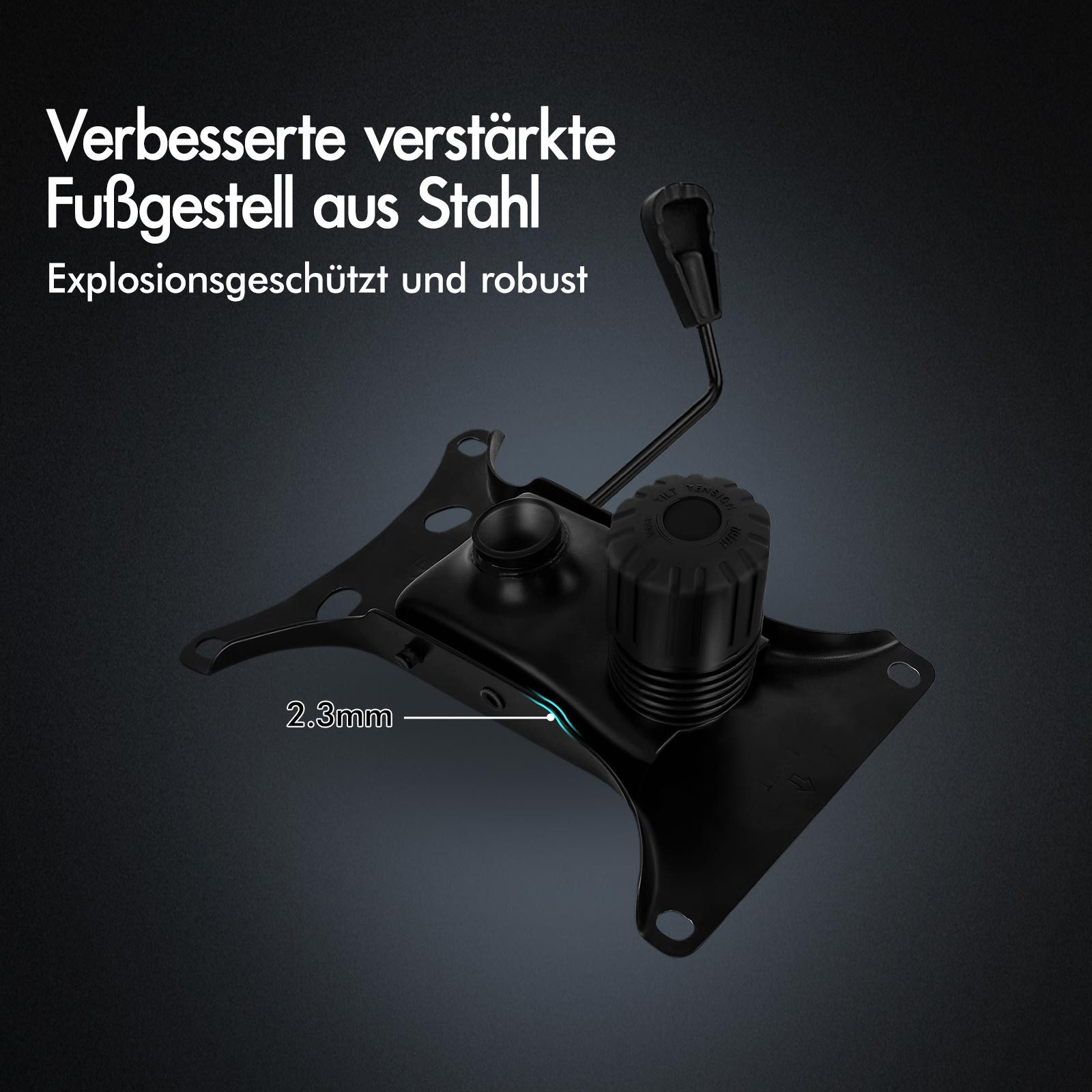 Schwarzes Stuhlgestell aus Stahl mit Zylinder und Griff, vor dunklem Hintergrund.