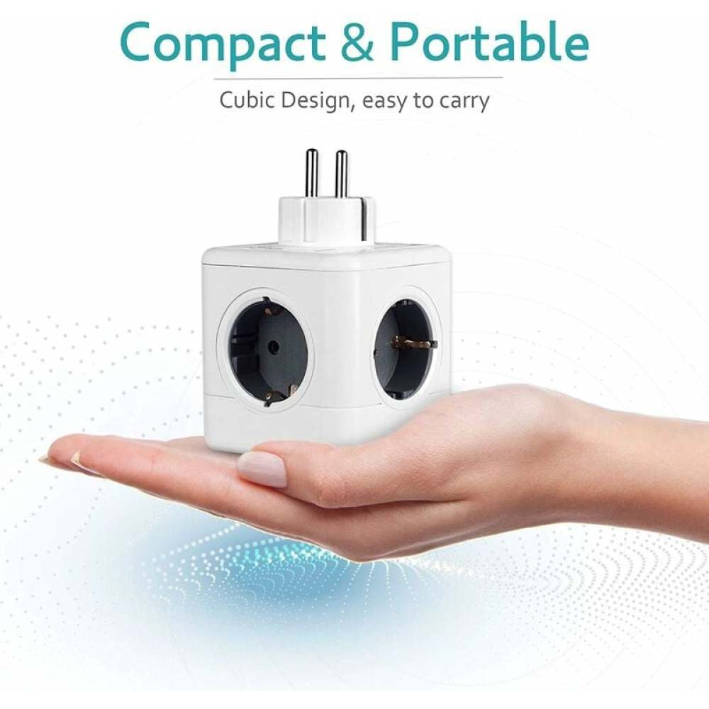 Ein weißer Netzadapter mit drei Steckdosen wird in einer Hand gehalten. Er ist als kompakt und tragbar gekennzeichnet.