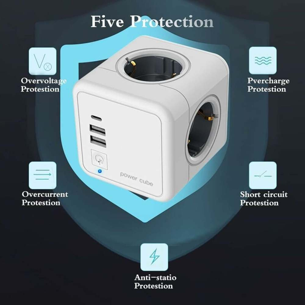 Ein weißer Power-Cube mit fünf Schutzsymbolen. Es hat Steckdosen, USB-Anschlüsse und Beschriftungen für Überstrom, Kurzschluss und mehr.