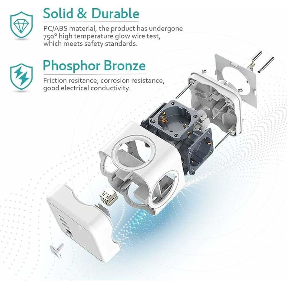 Explosionsansicht eines weißen und grauen Netzadapters, der Innenkomponenten zeigt. Text hebt Haltbarkeit und Phosphorbronze hervor.