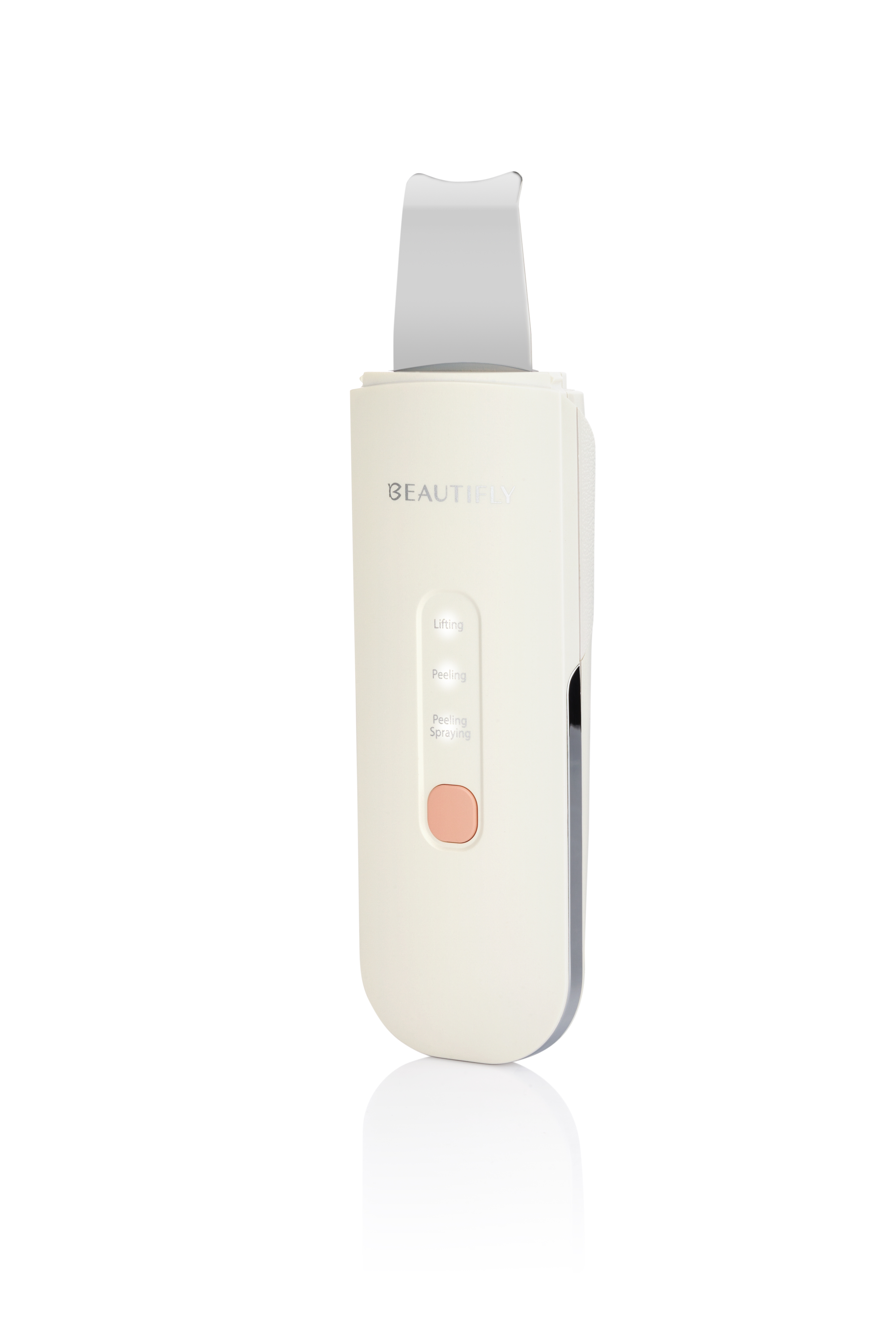Un dispositivo blanco de limpieza facial con una cuchilla plateada. Tiene un botón rosa y texto que indica diferentes funciones.