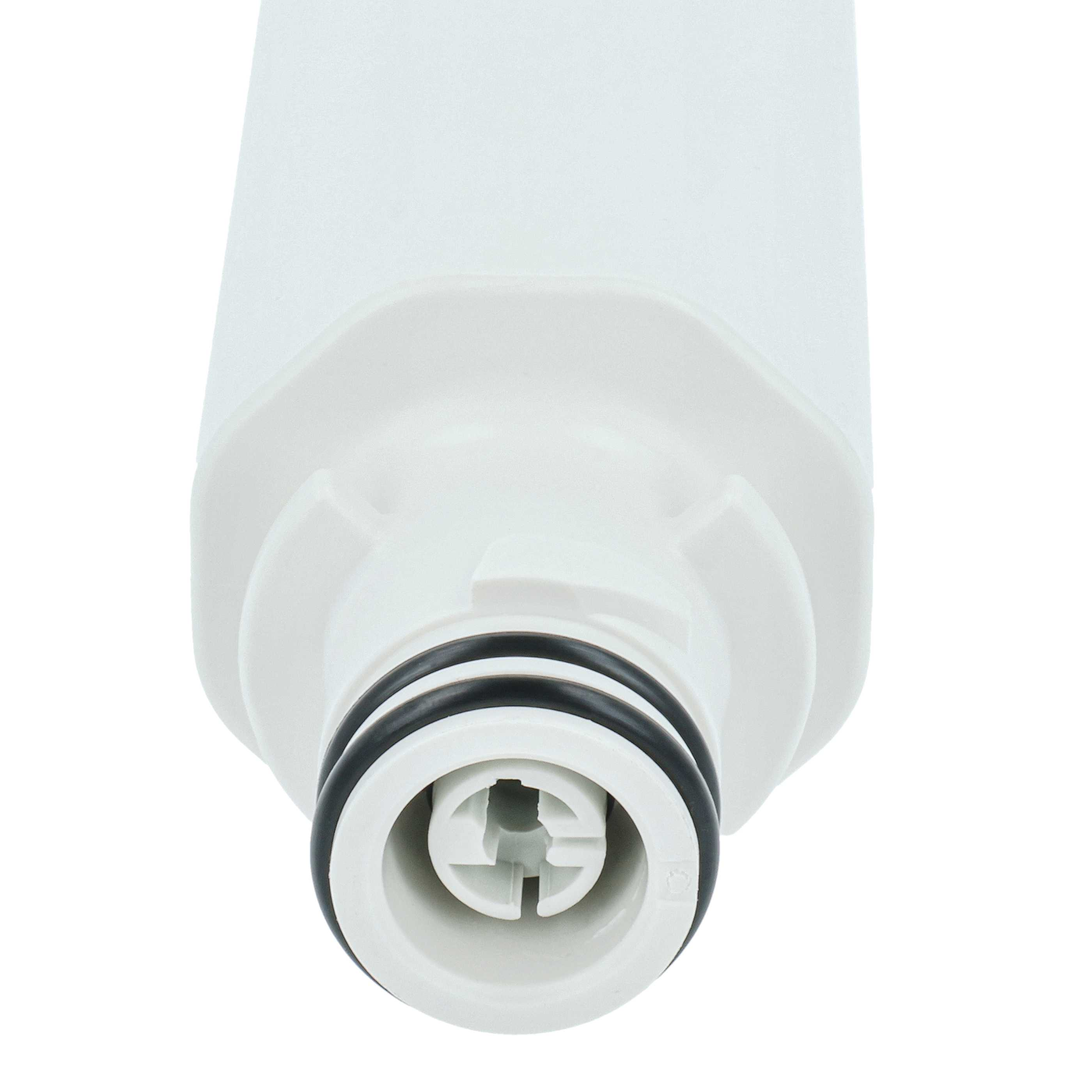 Ein weißer zylindrischer Filter mit schwarzen Ringen am Boden und einer weißen, kreuzförmigen Öffnung. Isoliert auf Weiß.