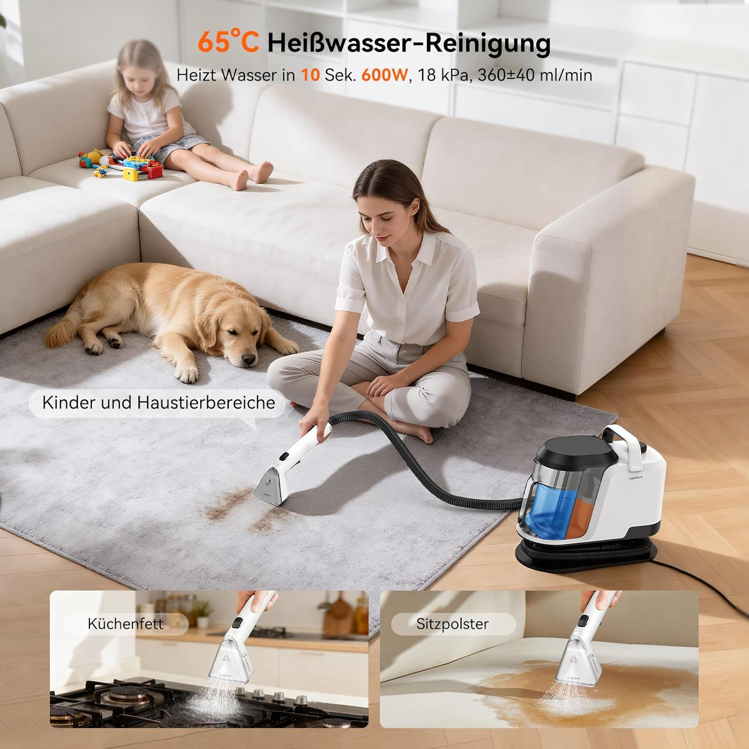 Une femme nettoie un tapis avec une machine de nettoyage. Un enfant et un chien sont en arrière-plan sur un canapé blanc.