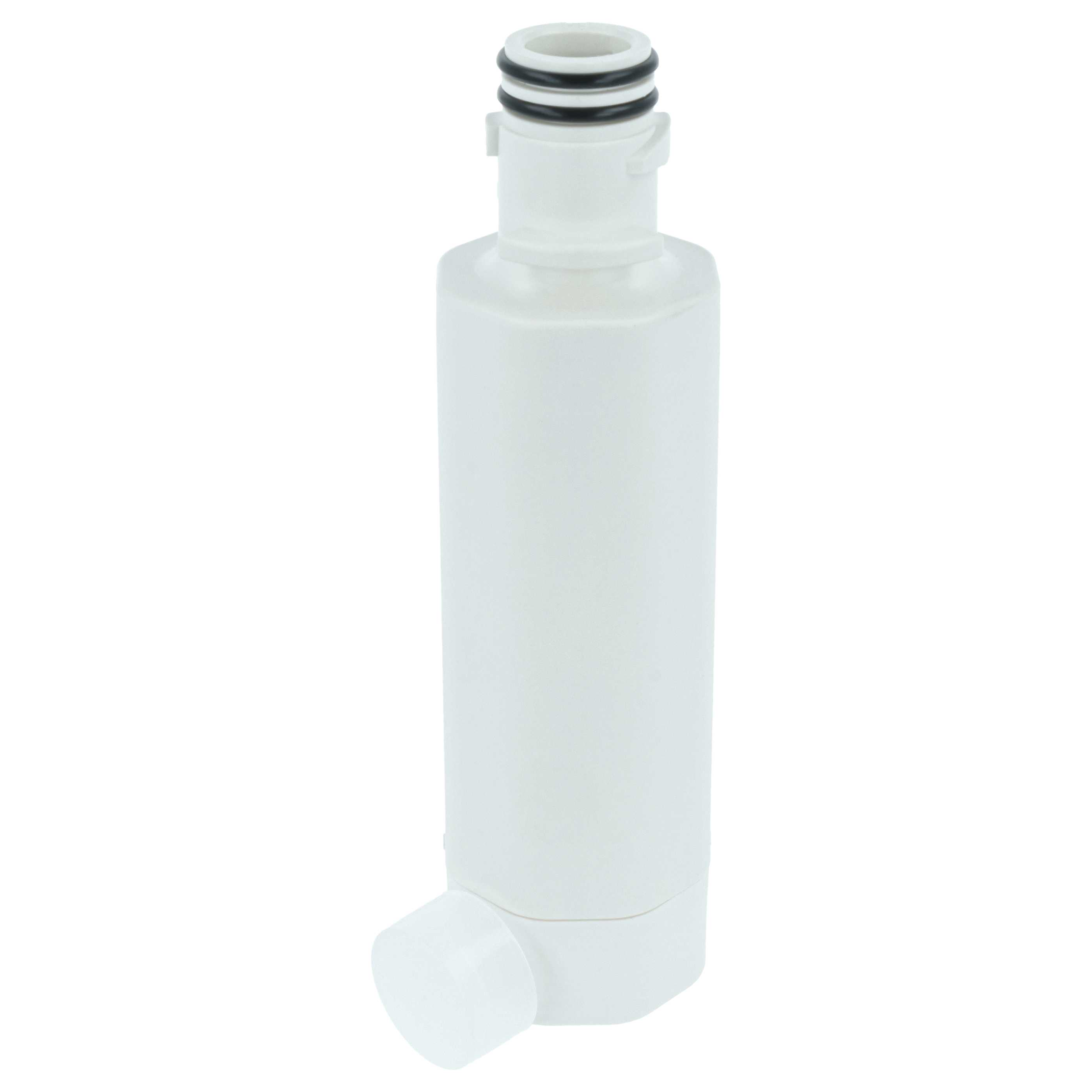 Ein weißer Wasserfilter. Er hat einen zylindrischen Körper und eine kleine weiße Kappe am Boden. Zwei schwarze Ringe oben.
