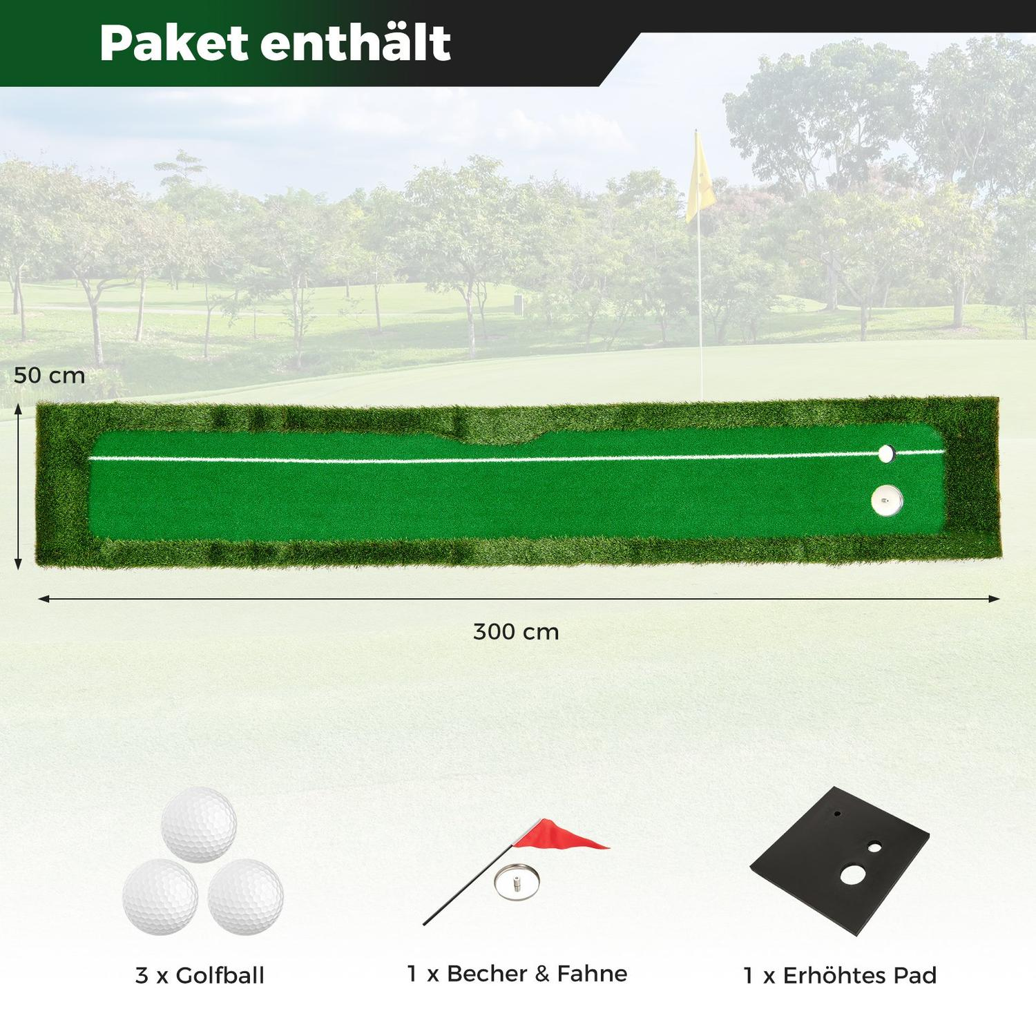 Se muestra un tapete de putting verde con líneas blancas, pelotas de golf, una bandera y una almohadilla negra. El fondo muestra árboles y un campo de golf.