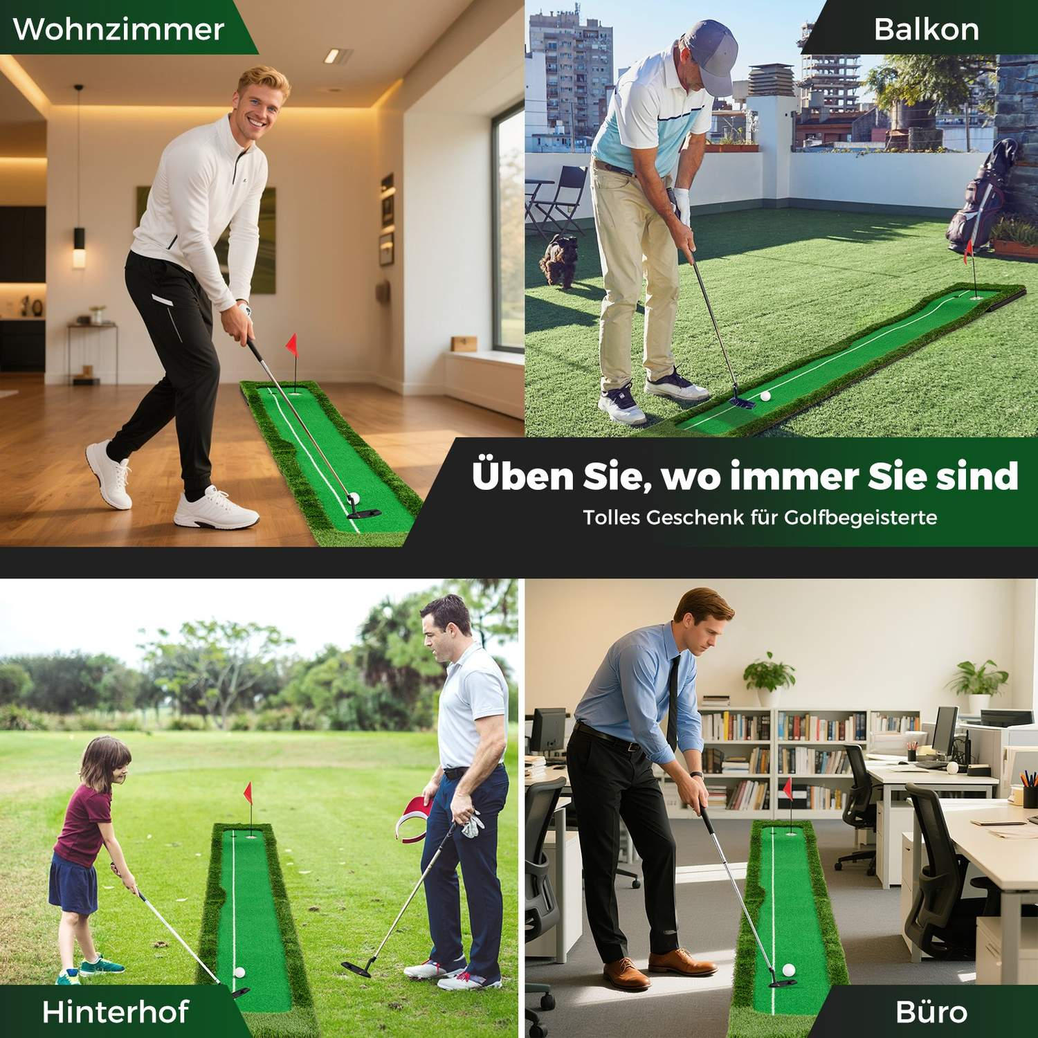 La imagen muestra cuatro escenas de personas jugando al golf en interiores, en un balcón, en un patio trasero y en una oficina, cada una con un putting green.