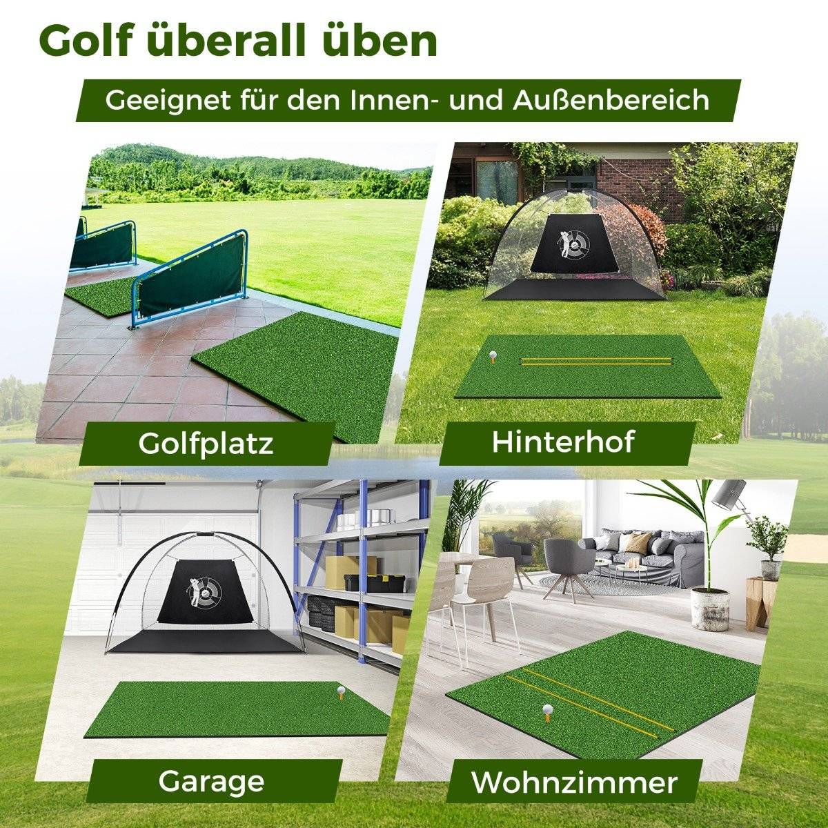 La imagen muestra áreas de práctica de golf: campo de golf, patio trasero, garaje y sala de estar. Cada configuración tiene una esterilla y algunas una red.