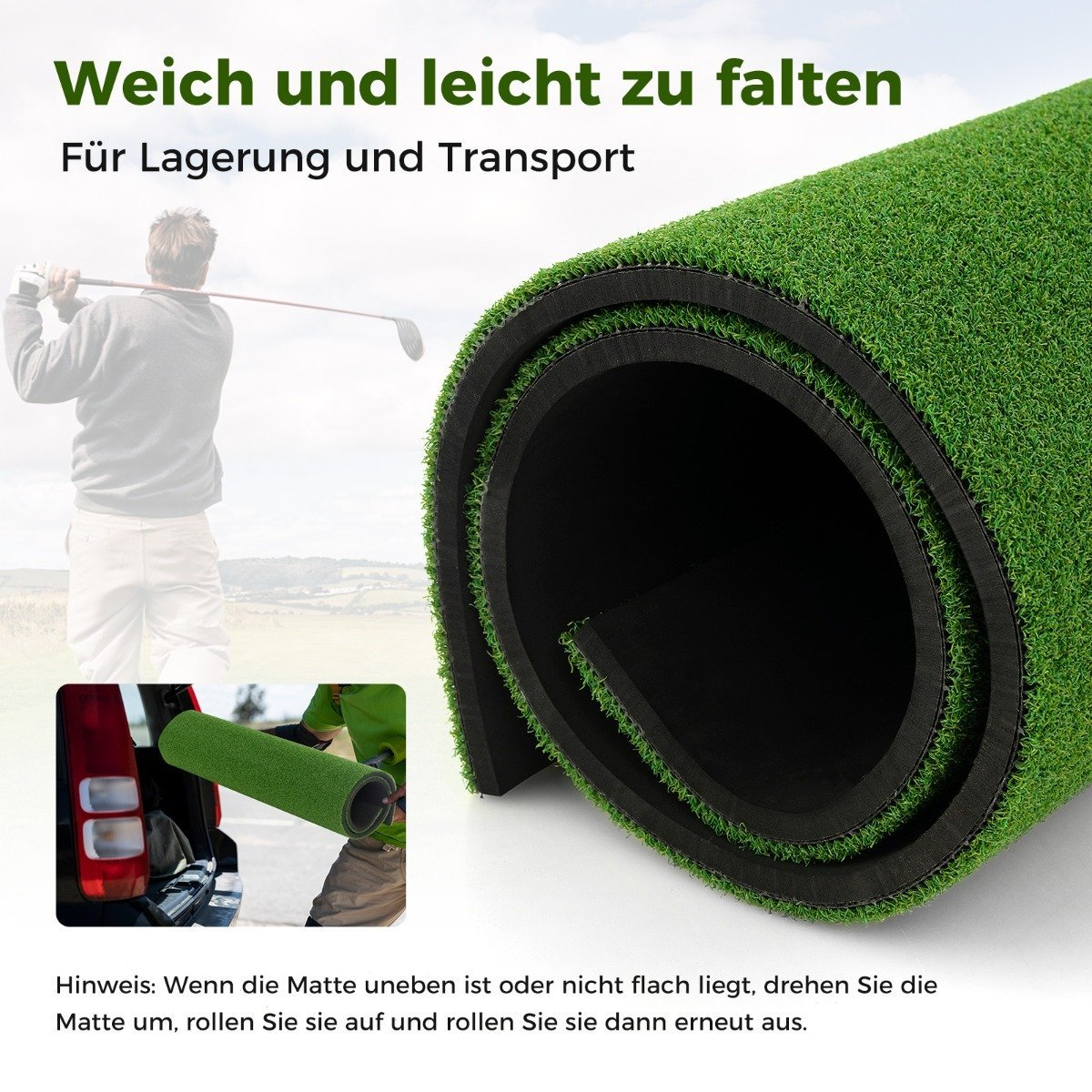 Una esterilla de golf verde enrollada. Un golfista balanceándose en el fondo. Instrucciones en la parte inferior. La esterilla es fácil de guardar.