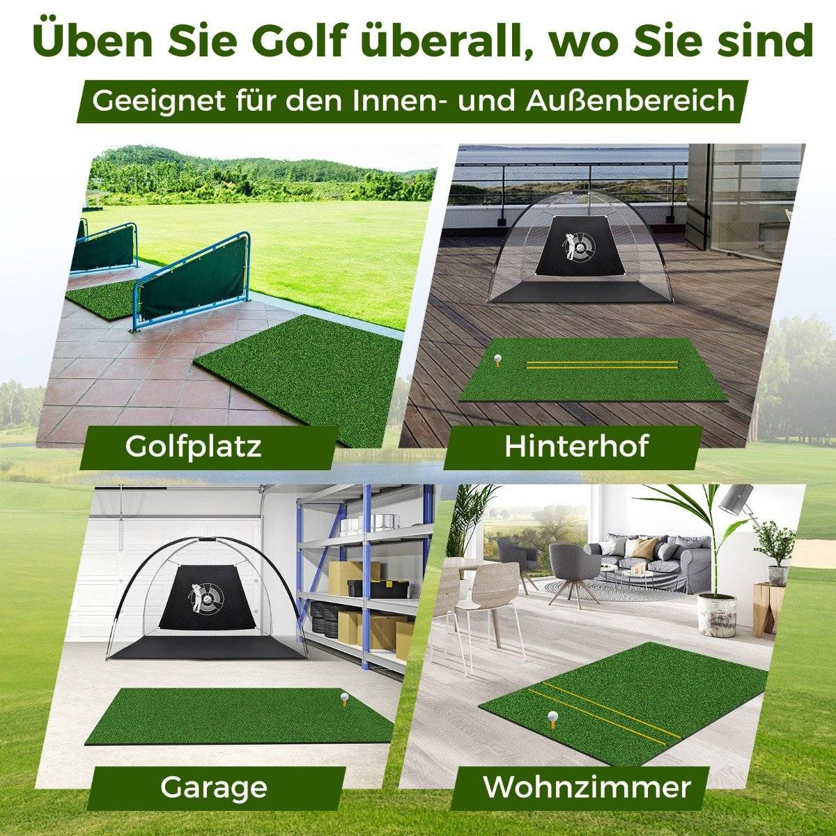 La imagen muestra alfombras de práctica de golf en diferentes entornos: campo de golf, patio trasero, garaje y sala de estar.