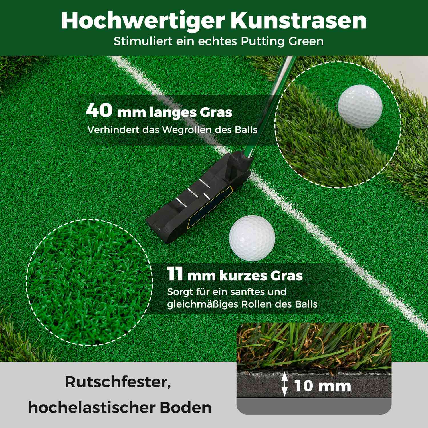 Un green de golf con una pelota y un putter. El texto destaca las características del césped artificial, incluida la longitud de la hierba.