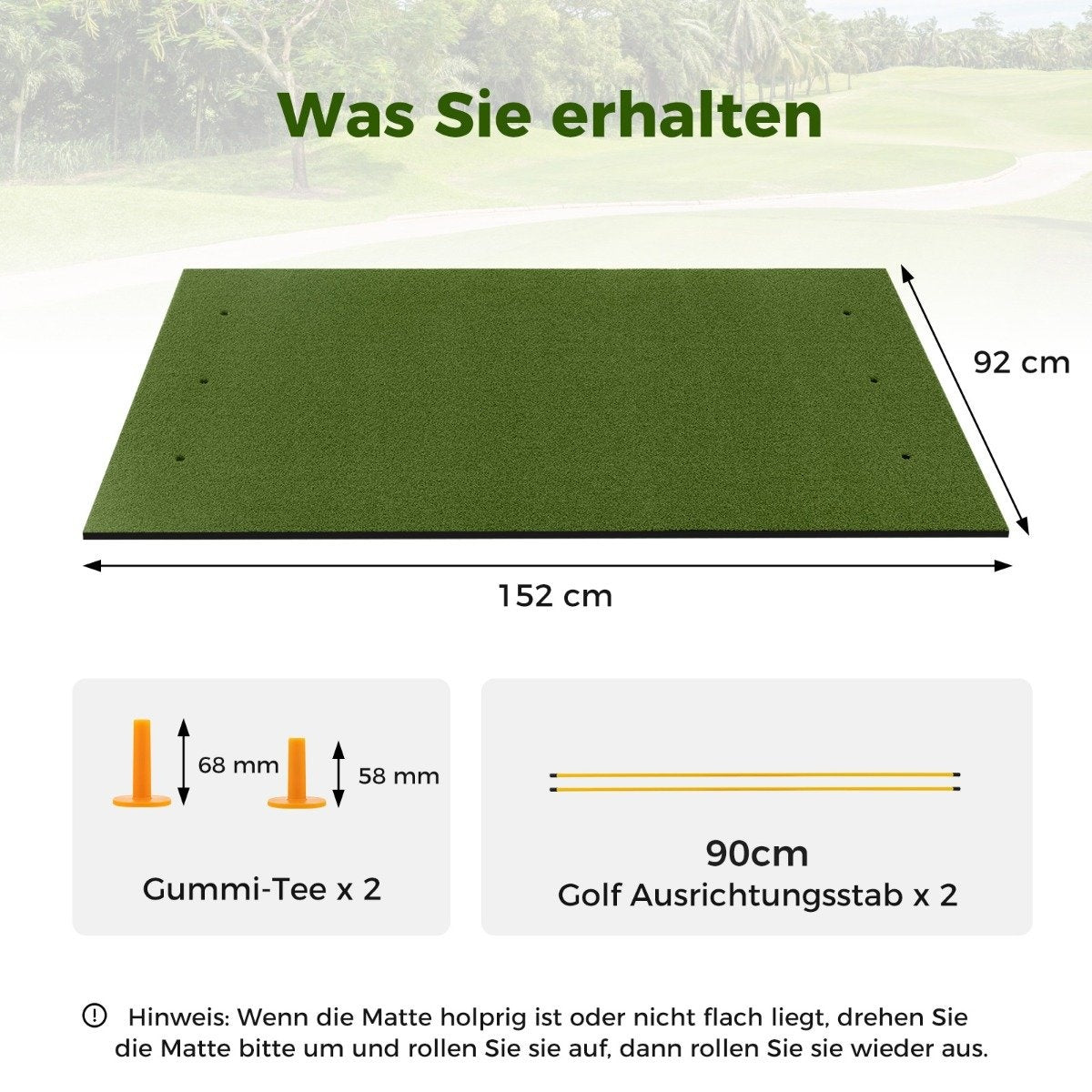 Alfombra de golf verde con dimensiones, dos tees amarillos y dos palos de alineación. Texto en alemán indica lo incluido.