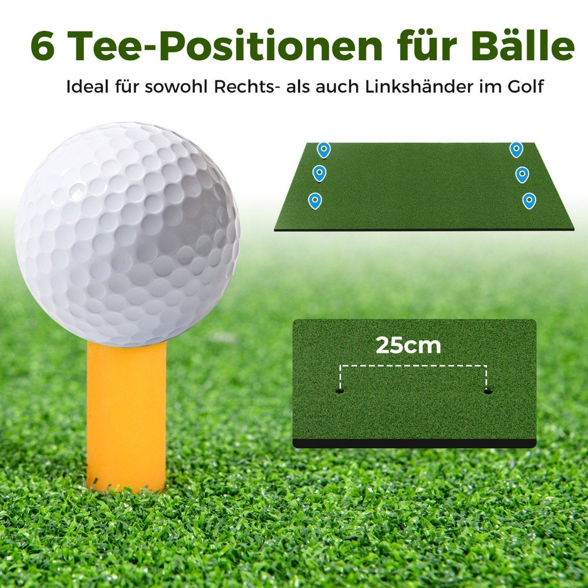 Una pelota de golf sobre un tee. Tiene una estera verde con 6 posiciones de tee y otra estera con una marca de 25 cm sobre césped verde.
