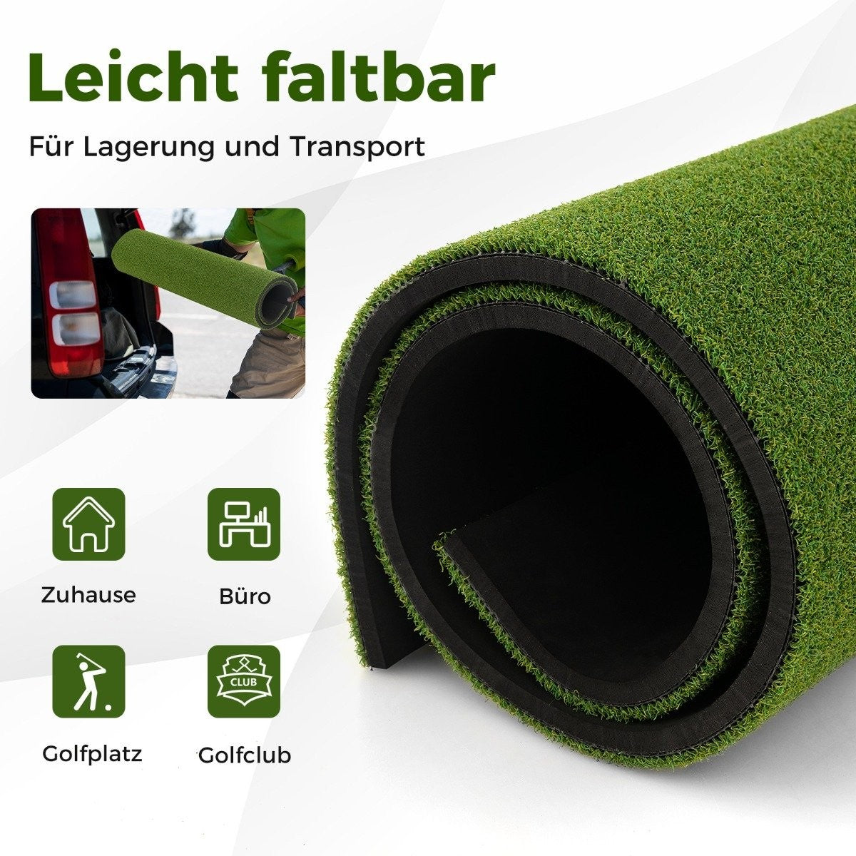Alfombra de césped artificial verde enrollada con borde negro. Texto: Leicht faltbar, Für Lagerung und Transport. Iconos para casa, oficina, campo de golf y club.