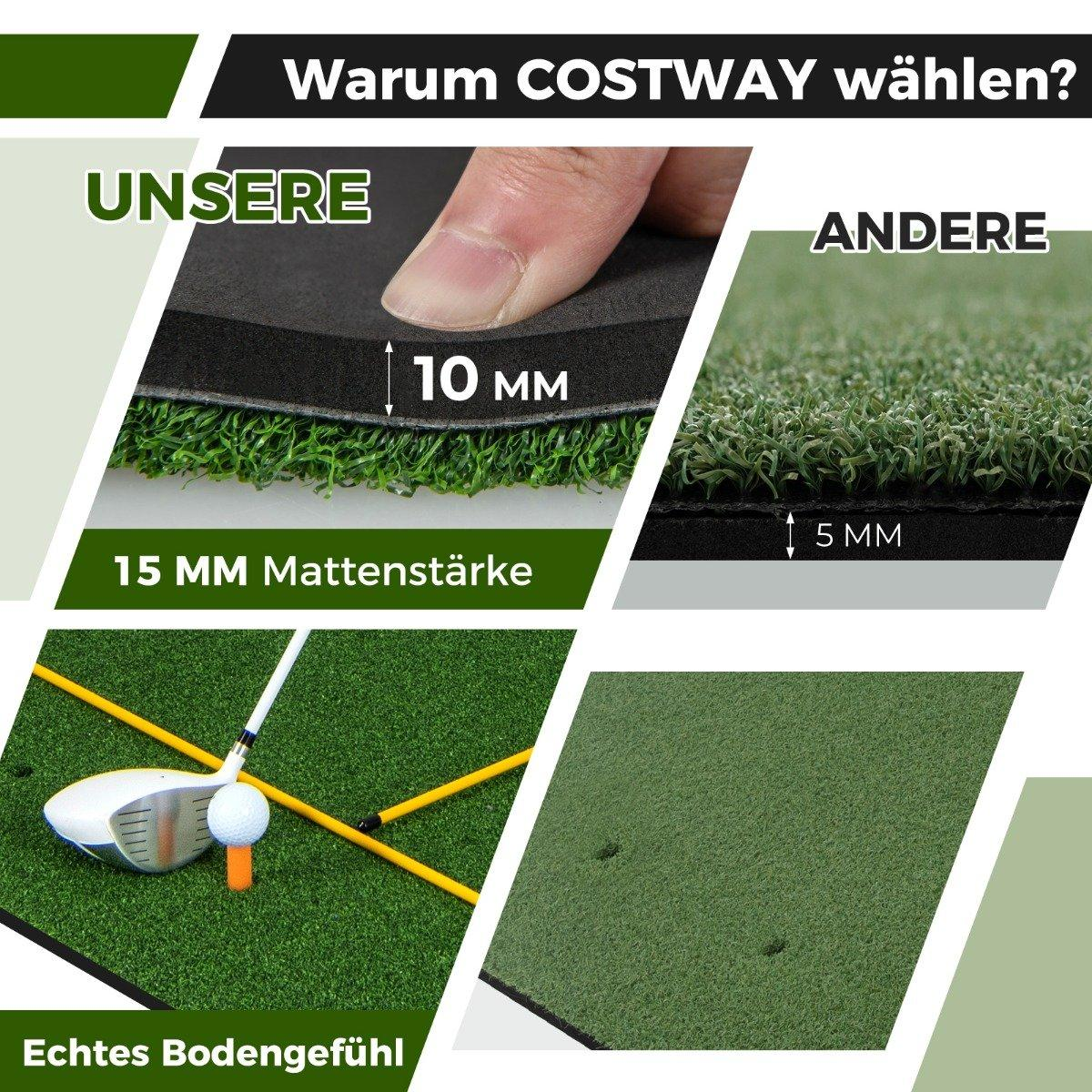 La imagen muestra comparaciones de césped de golf: 15 mm vs 5 mm. Un palo y una bola de golf están en una superficie verde. El texto dice 'Echtes Bodengefühl'.