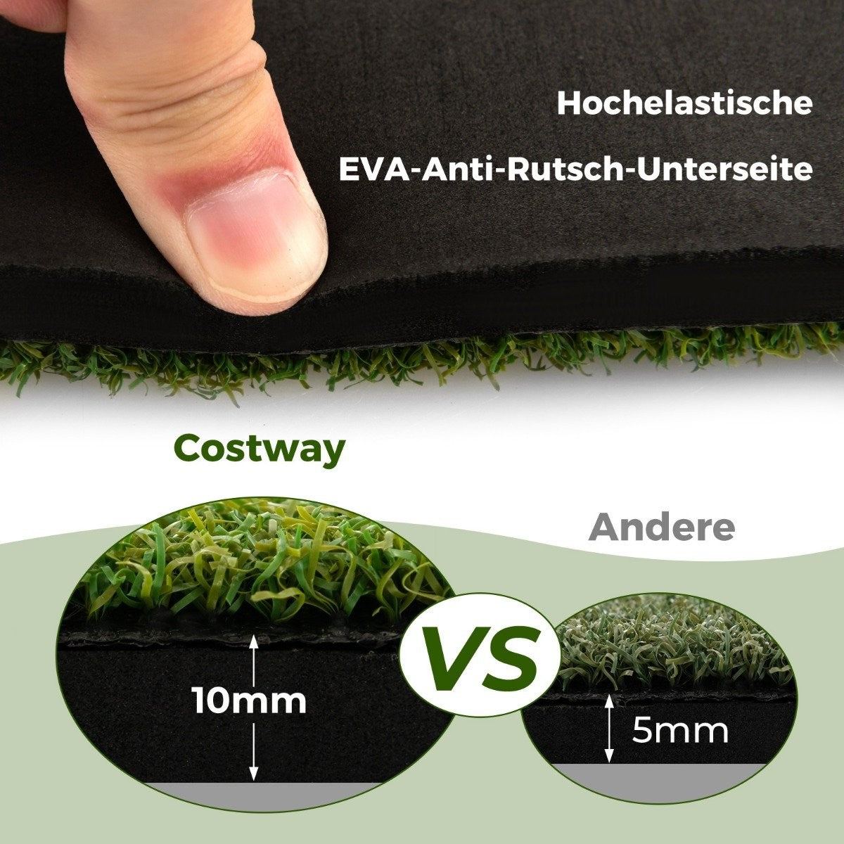 Mano presionando una superficie negra sobre césped artificial. El texto dice 'Costway' y compara grosores de 10 mm y 5 mm con 'VS'.
