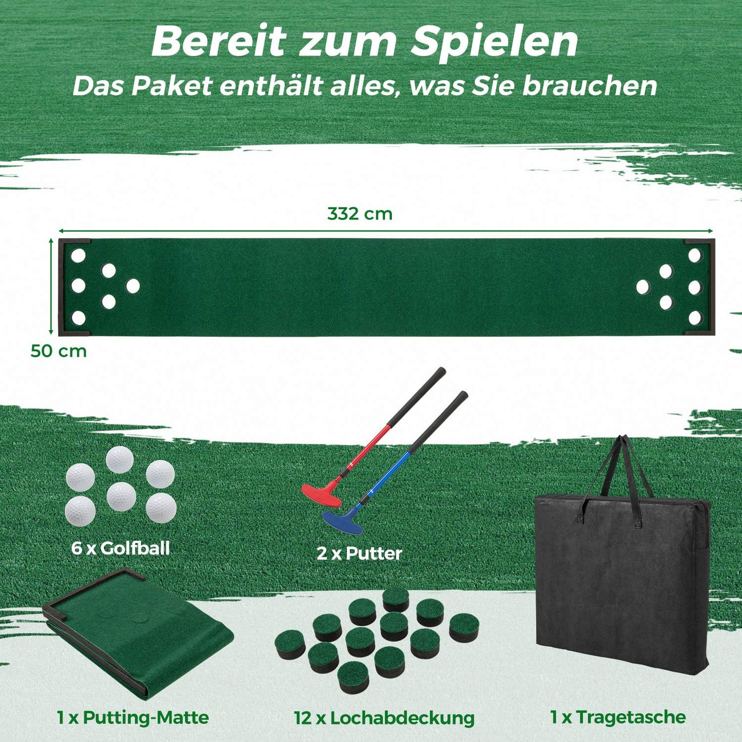 Un juego de putting de golf con una esterilla verde, pelotas de golf, putters, cubiertas de hoyos y una bolsa de transporte. Texto dice 'Listo para jugar'.