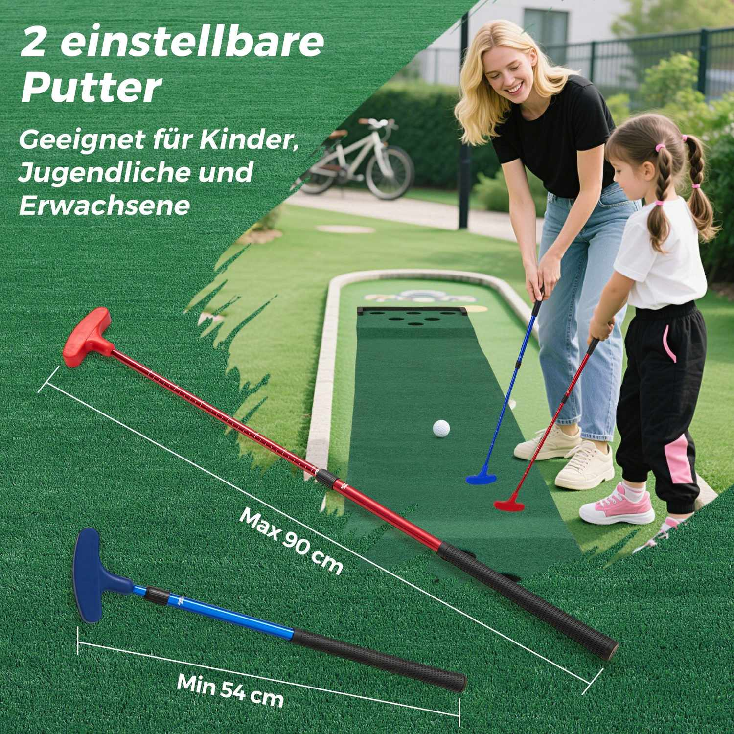 Una mujer y una niña juegan al minigolf. Se muestran dos putters, con texto en alemán. Uno es rojo, el otro azul.