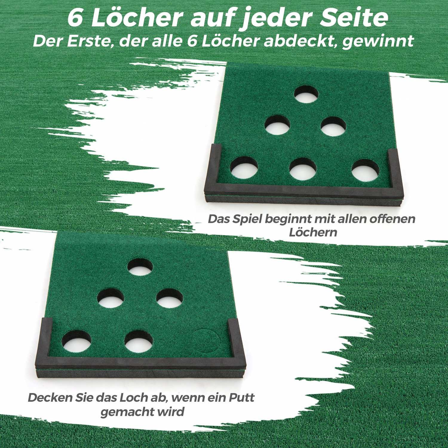 Dos tableros de juego verdes con agujeros, texto en alemán. El juego consiste en cubrir los agujeros. Gana el primero que los cubra todos.