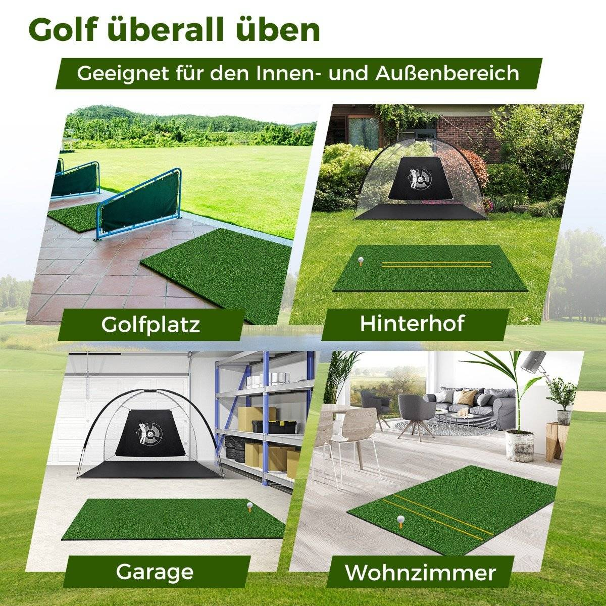 La imagen muestra áreas de práctica de golf: campo de golf, jardín, garaje y sala de estar, cada uno con una esterilla y una red.