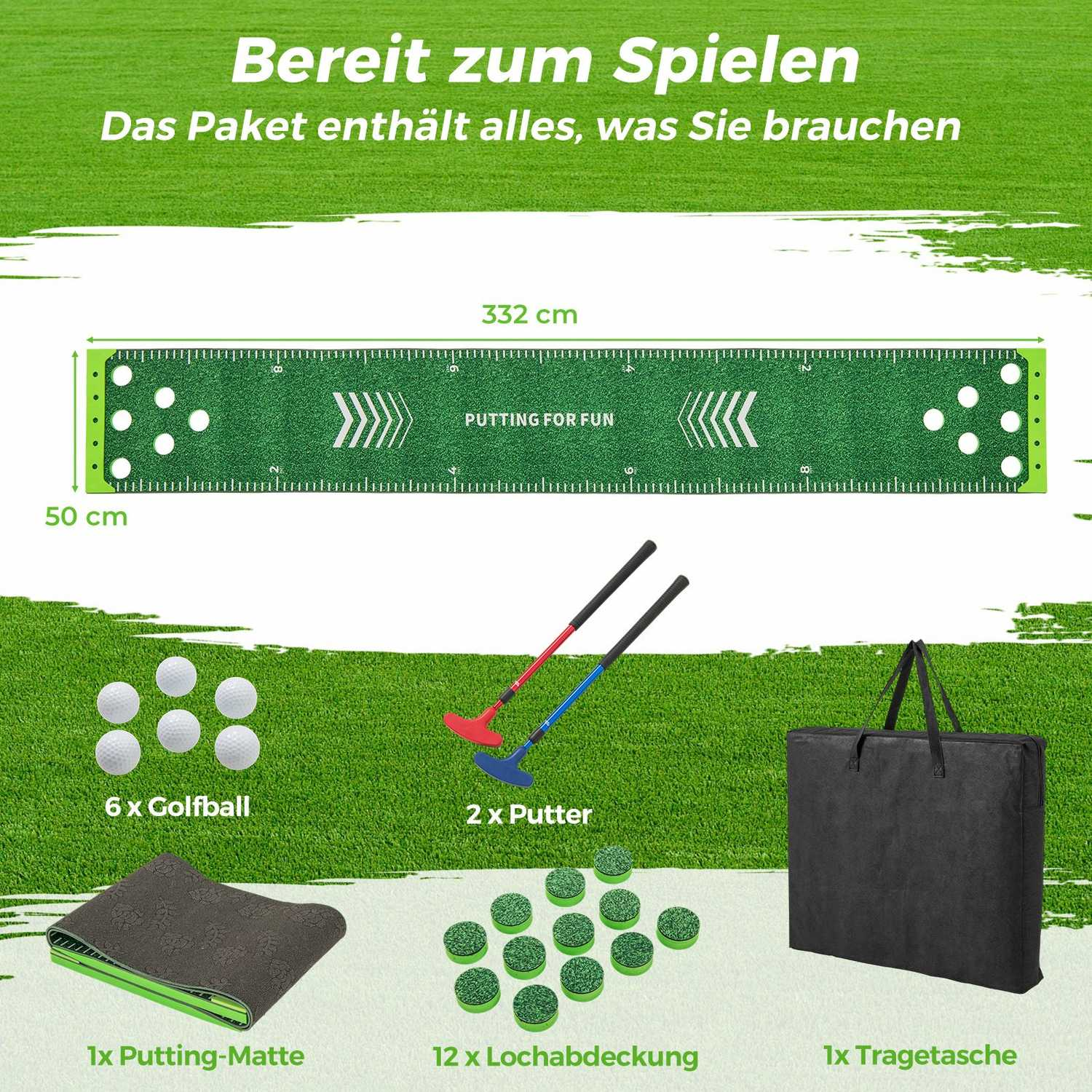 Un kit de putting de golf sobre césped verde. Incluye una esterilla de putting, bolas de golf, putters, cubiertas de hoyos y una bolsa de transporte.