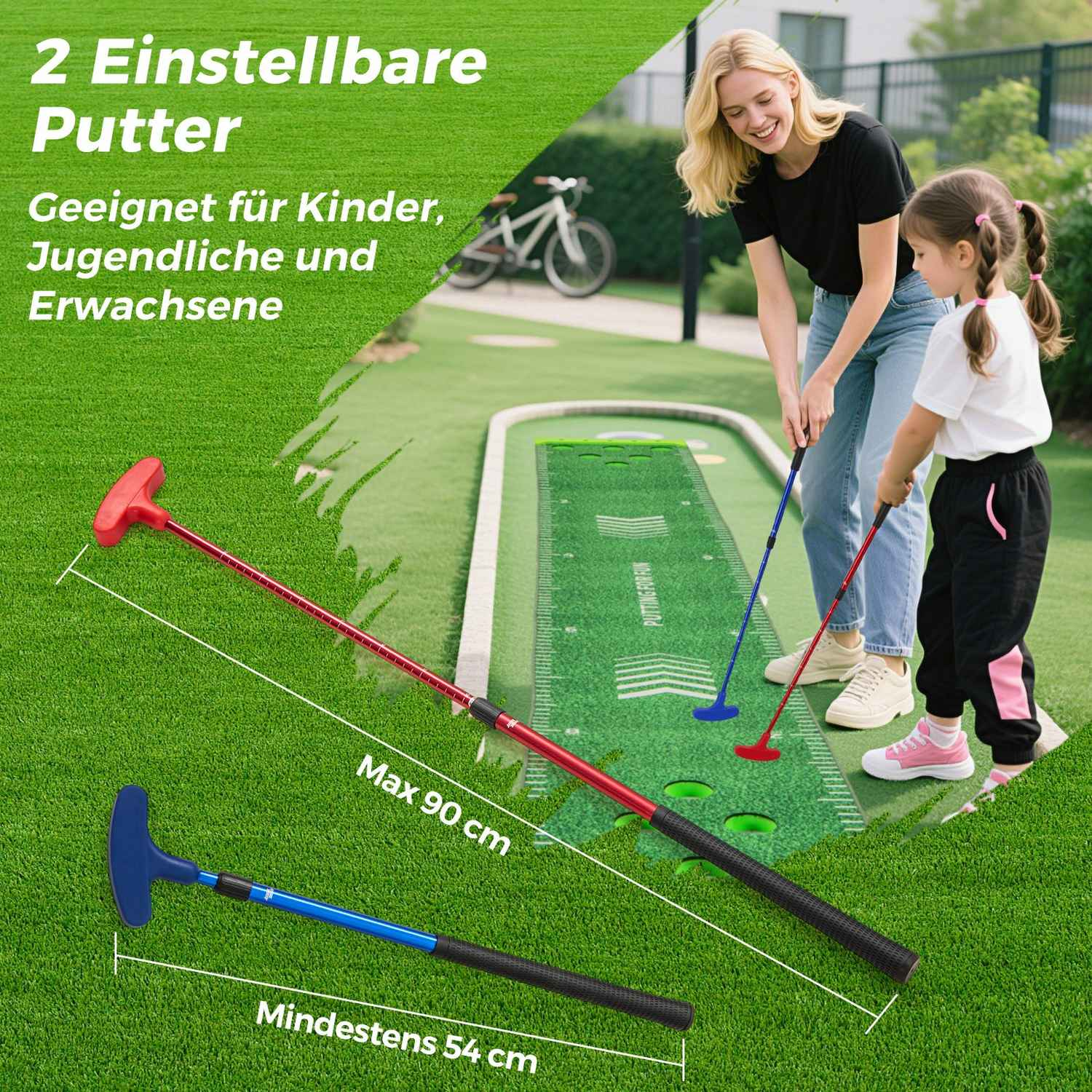 Una mujer y una niña juegan al golf. Dos putters están al frente. La niña lleva camisa blanca y pantalón negro. Hierba verde.
