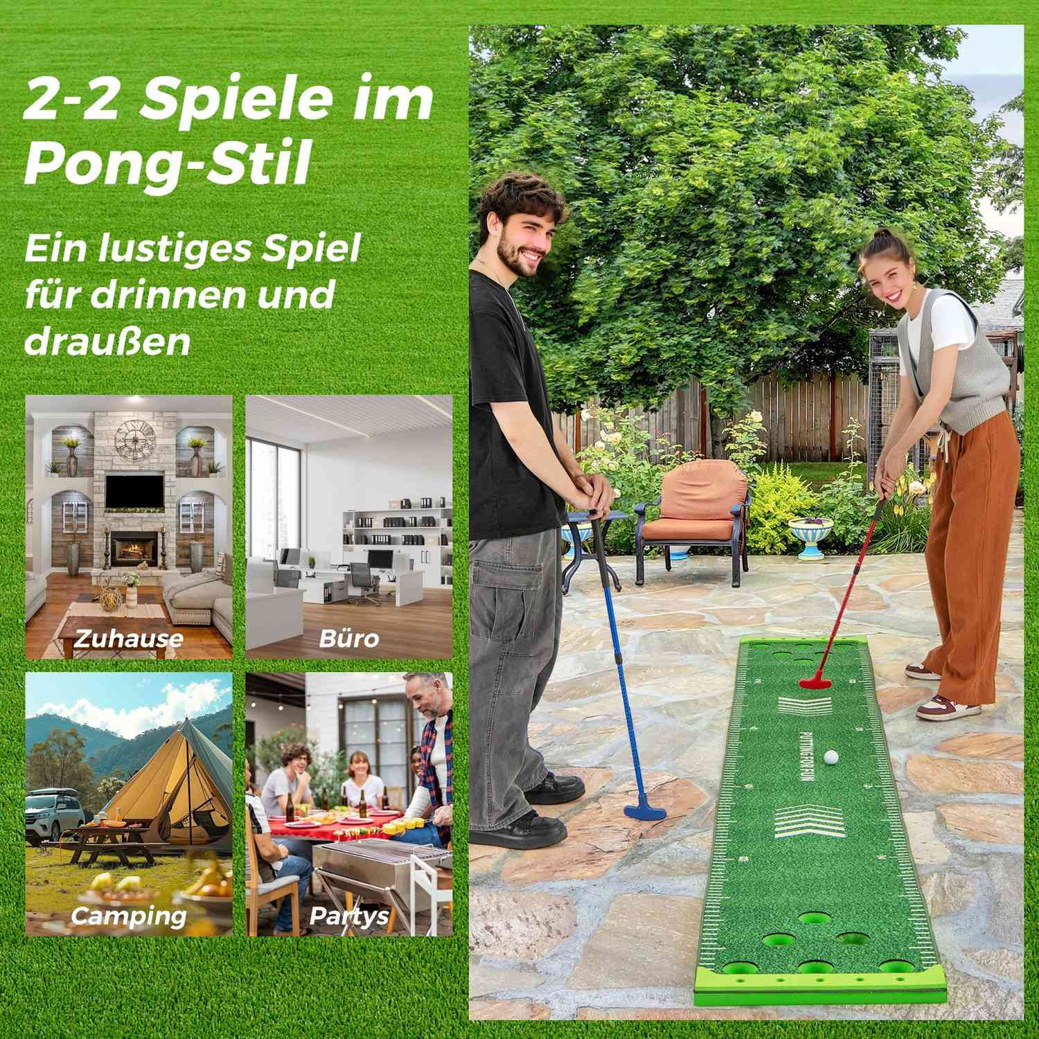 Una mujer juega al golf en una estera verde, mientras un hombre observa. El texto dice: 2-2 Spiele im Pong-Stil, Ein lustiges Spiel für drinnen und draußen.
