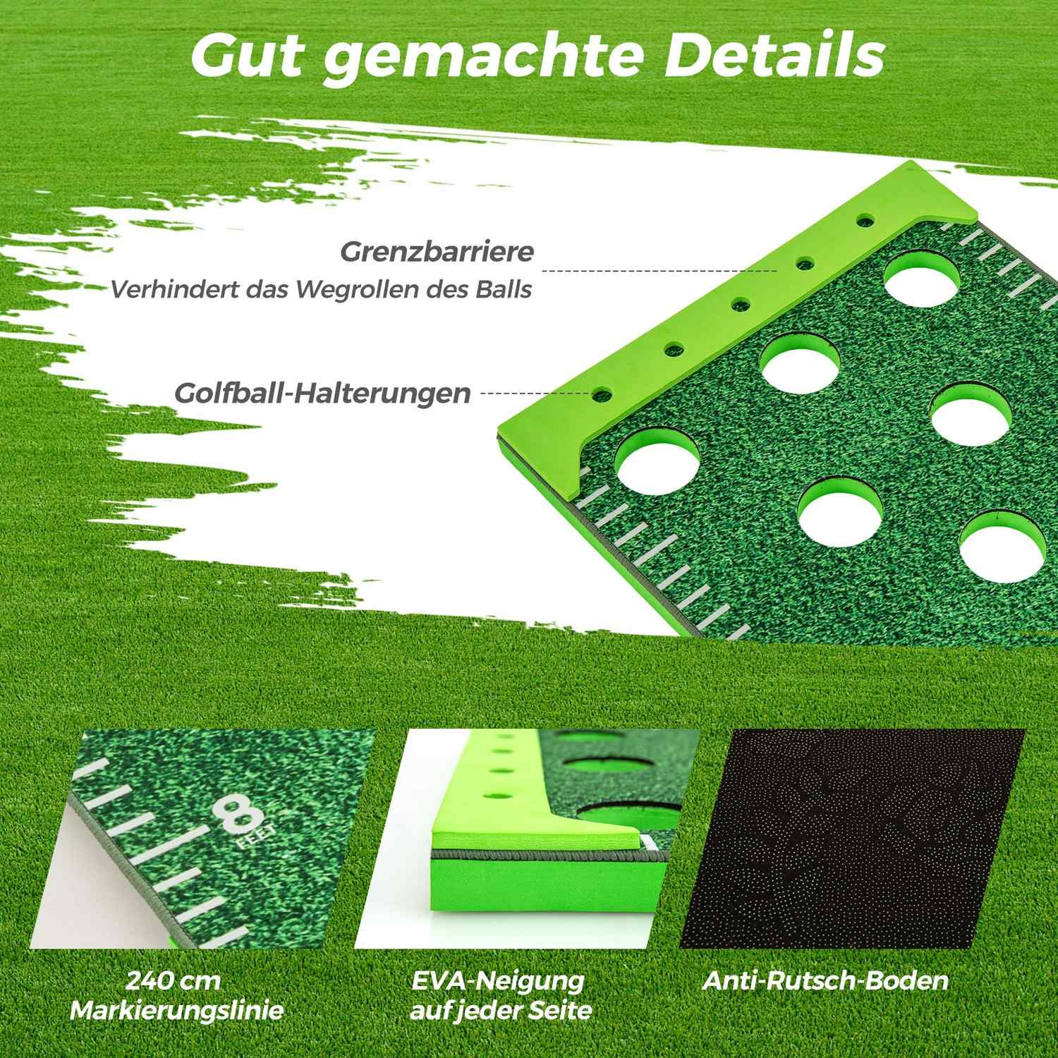 Alfombra verde para golf con recortes de agujeros. Tiene una barrera verde, marcas y etiquetas en alemán. La parte inferior muestra detalles.