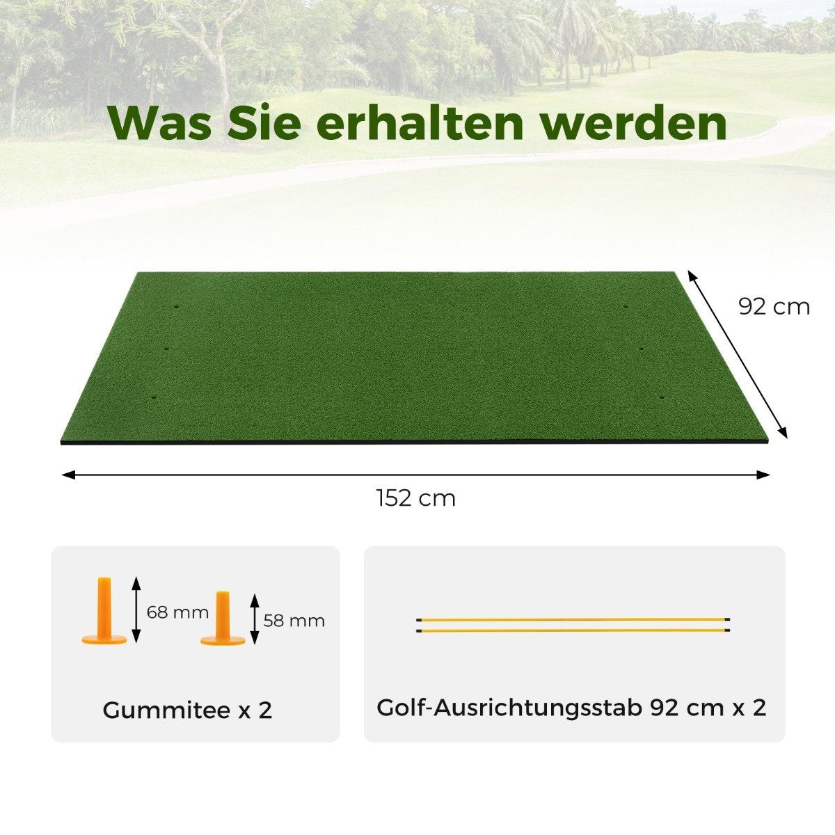 Alfombra de golf verde, 152x92 cm, con tees naranjas y palos de alineación. Texto: 'Was Sie erhalten werden'.