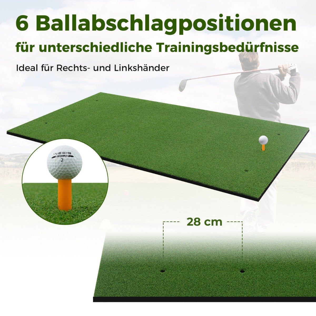 Alfombra de golf verde con pelota en tee. Texto en alemán: 6 posiciones de bola para diferentes necesidades de entrenamiento. Ideal para diestros y zurdos.