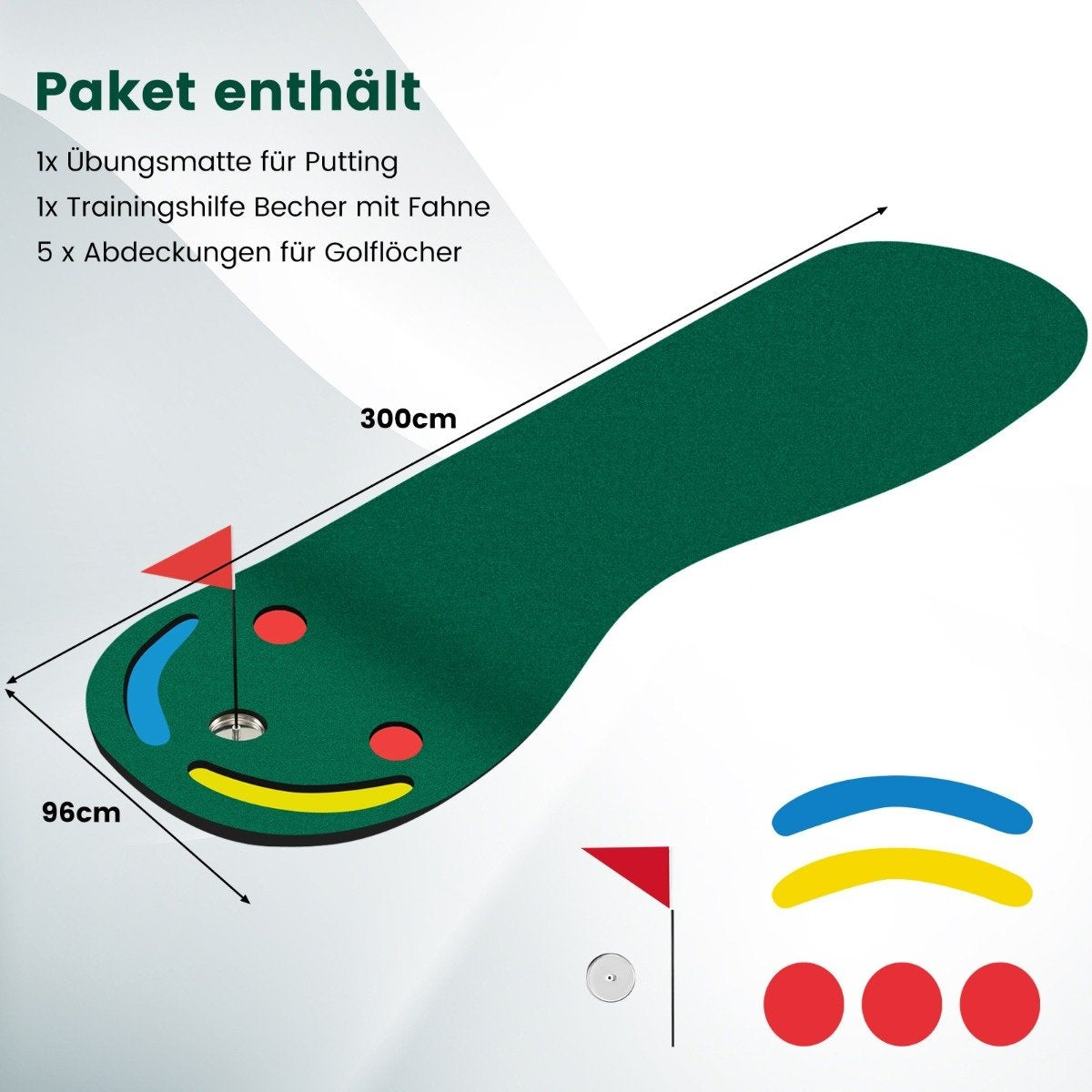 Una esterilla de putting verde con bandera roja, dimensiones etiquetadas. Incluye círculos rojos, arcos azules y amarillos y otra bandera.