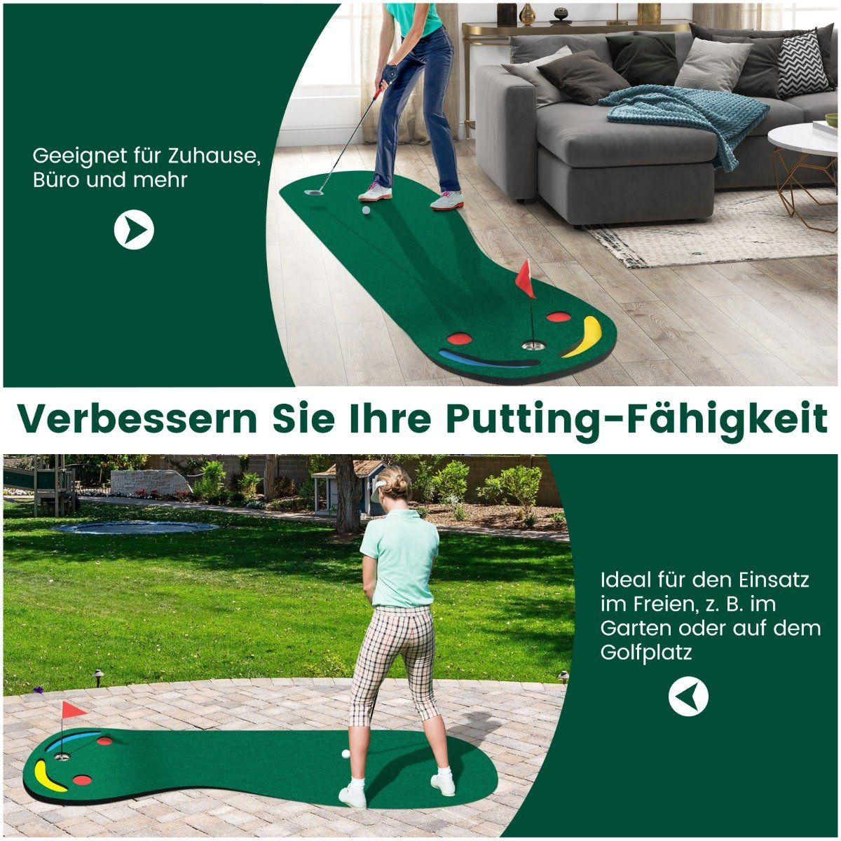 Una persona está haciendo un putt en una colchoneta de golf verde. La colchoneta tiene una bandera roja y agujeros de diferentes colores. El fondo es una sala de estar.
