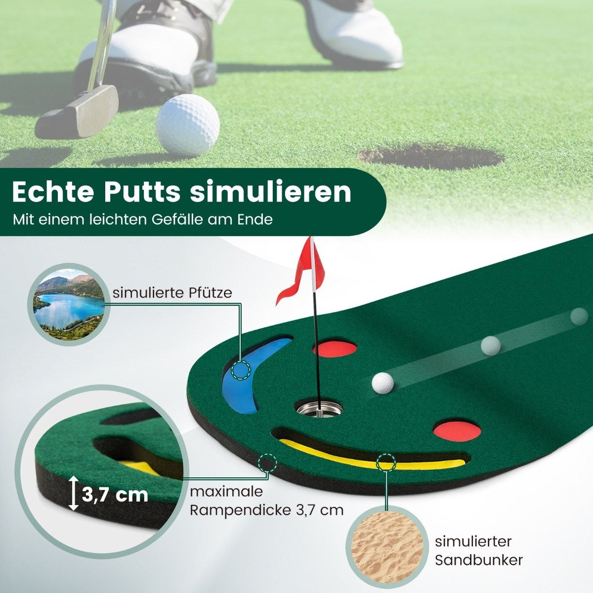 Un simulador de putting green de golf. Tiene una bandera, un hoyo, un búnker de arena y un charco simulado. Una persona está pateando la pelota.