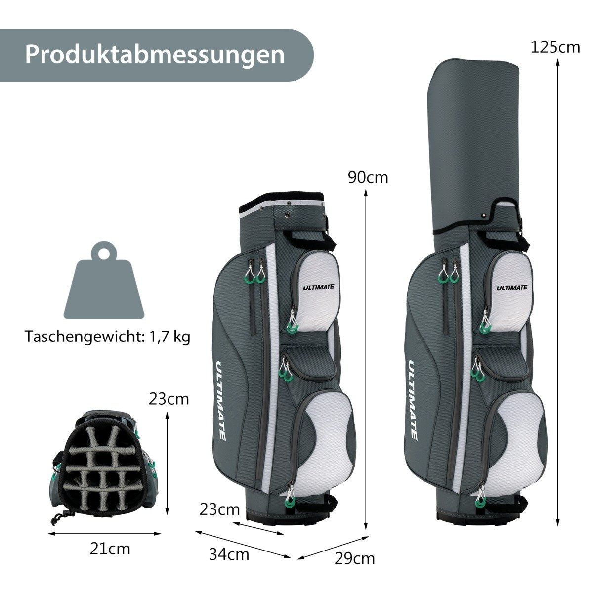 Imagen muestra bolsas de golf con dimensiones. Bolsas gris oscuro con acentos blancos y verdes. Las dimensiones están en cm.