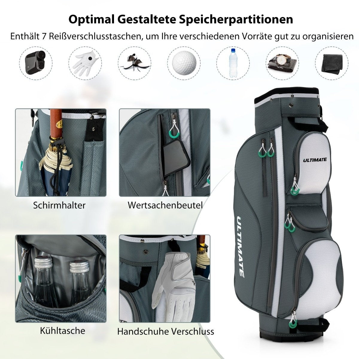 Se muestra una bolsa de golf gris con múltiples bolsillos, que muestra varios compartimentos, incluyendo un soporte para paraguas, una nevera y un compartimento para guantes.