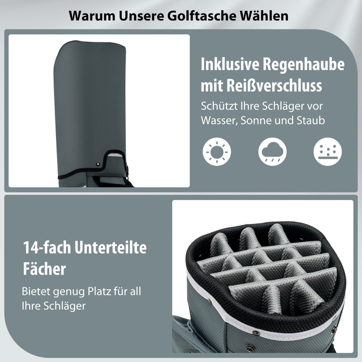 Bolsa de golf con cubierta para lluvia y divisores de 14 compartimentos. Texto: '¿Por qué elegir nuestra bolsa de golf?' e iconos.