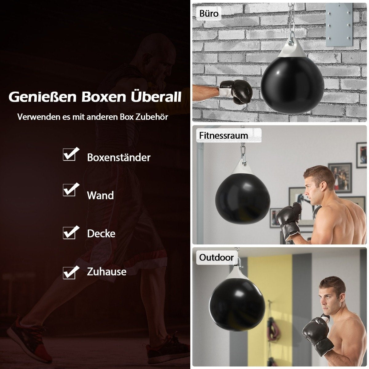 La imagen muestra equipos de boxeo en diferentes entornos: oficina, gimnasio y exteriores. Un hombre boxea con una bola de boxeo negra.