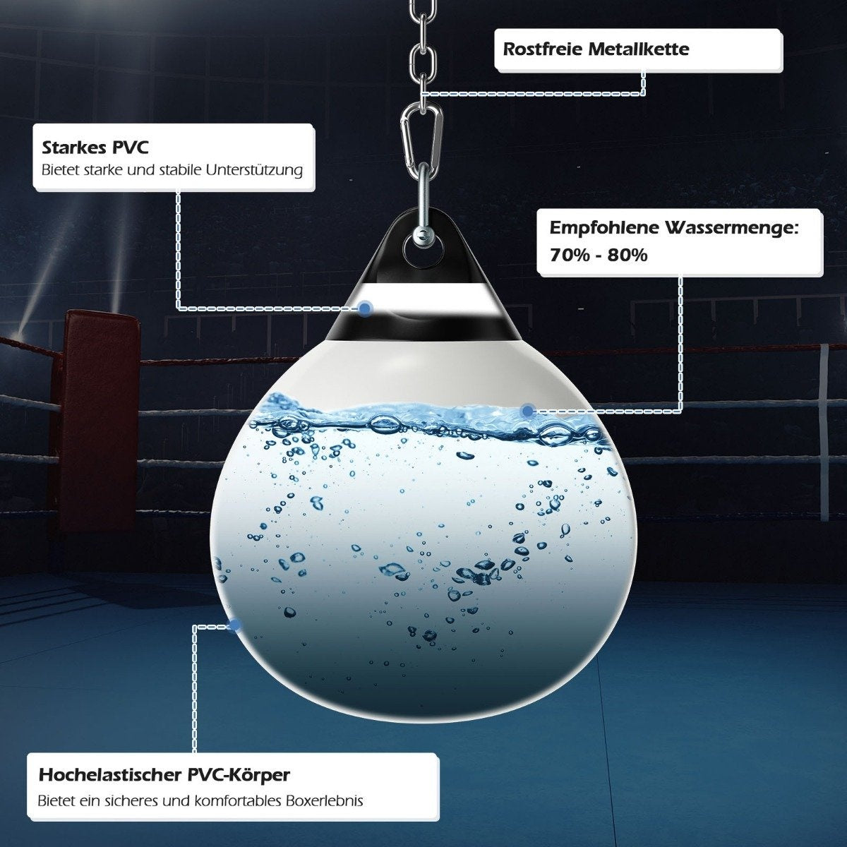 Un saco de boxeo lleno de agua colgado de una cadena. Está etiquetado con texto en alemán sobre los materiales y el llenado de agua recomendado.