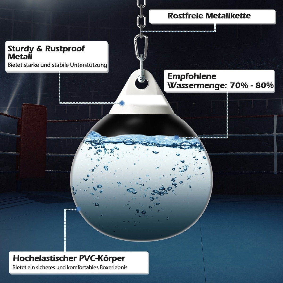 Un saco de boxeo lleno de agua cuelga de una cadena. Las etiquetas de texto resaltan características como la cadena de metal, el cuerpo de PVC y el nivel de llenado de agua.
