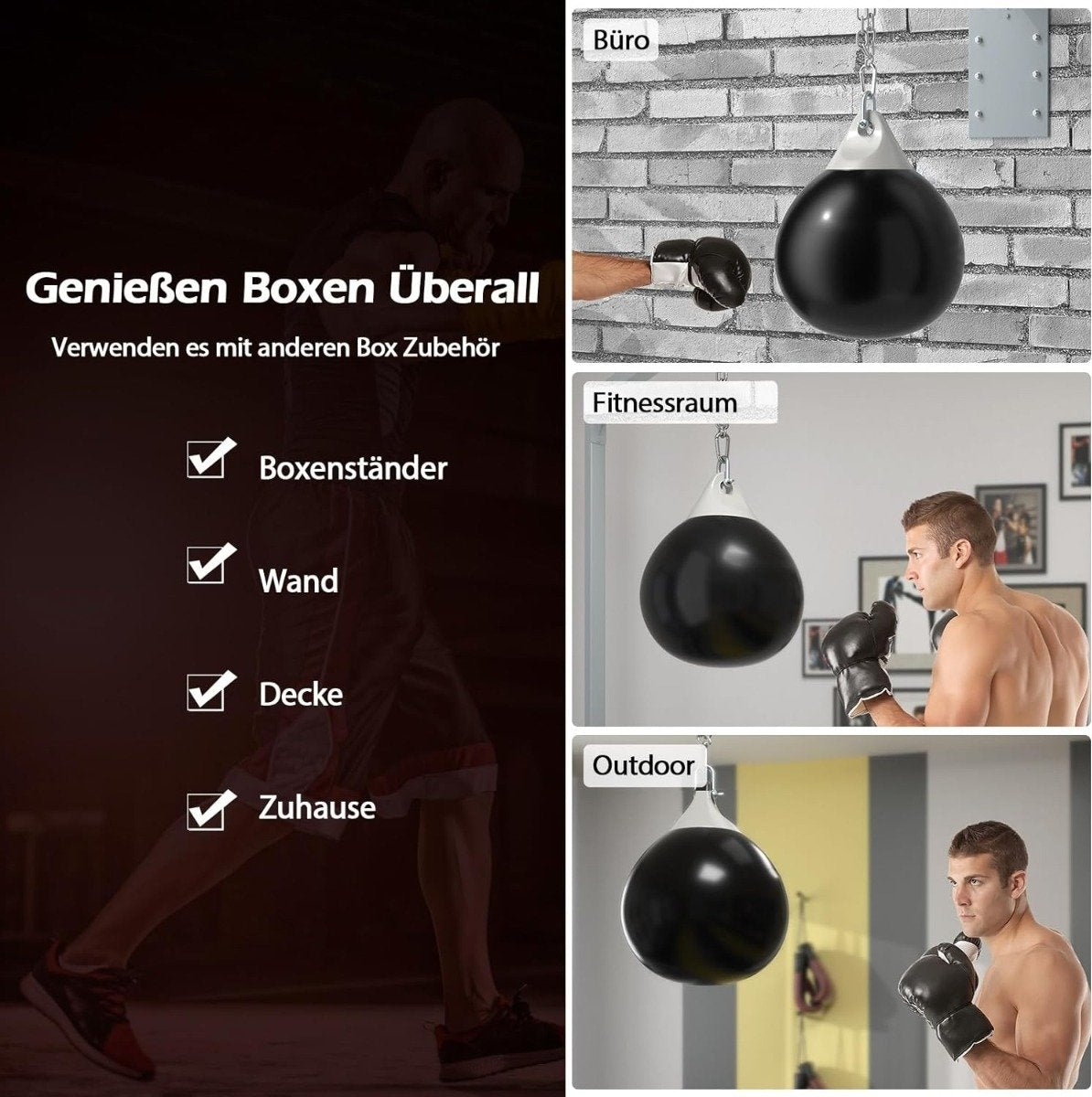 La imagen muestra equipos de boxeo en diferentes entornos: oficina, gimnasio y exteriores. La gente usa el equipo. El texto promueve el boxeo.