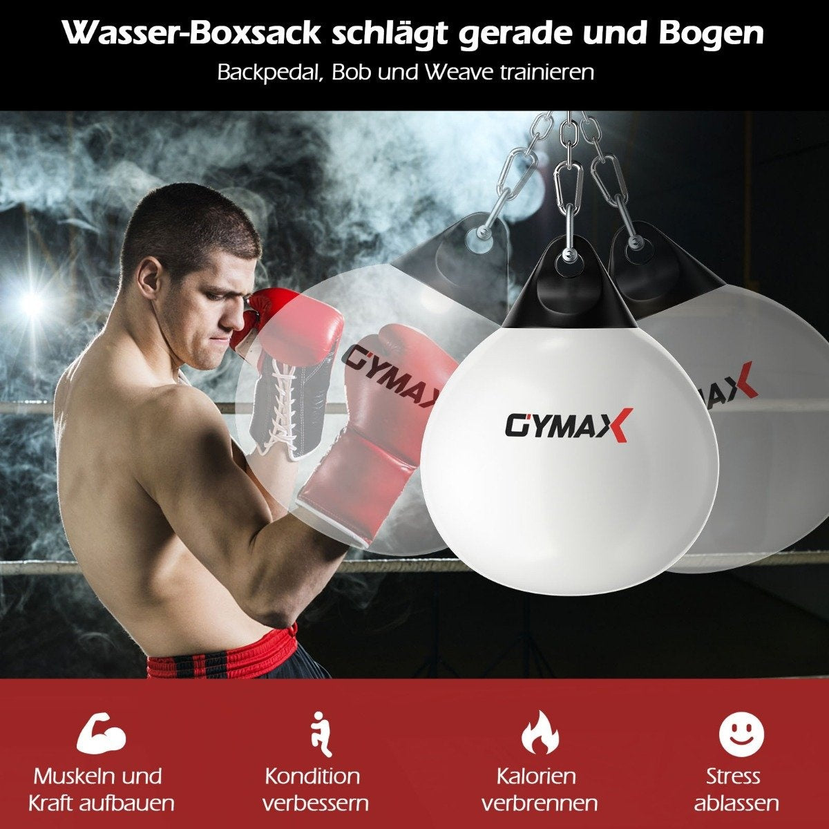 Un hombre con guantes de boxeo rojos golpea un saco de boxeo blanco con la etiqueta 'GYMAX'. El fondo muestra dos bolsas y iconos.