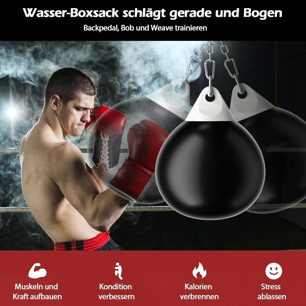 Un hombre con guantes de boxeo golpea un saco negro. El fondo es ahumado.