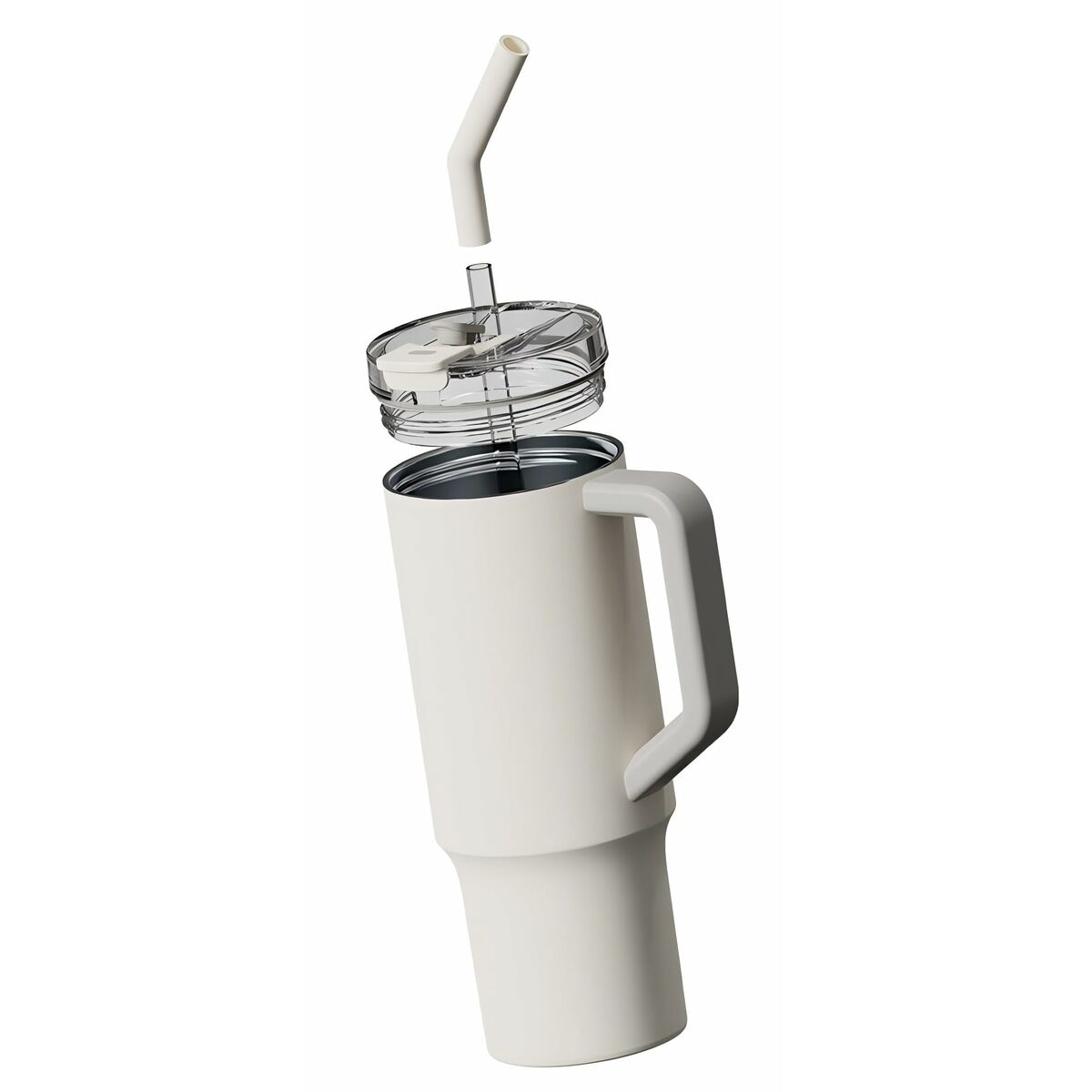 Un gobelet isotherme blanc avec une poignée, un couvercle et une paille, le tout démonté, isolé sur fond blanc.