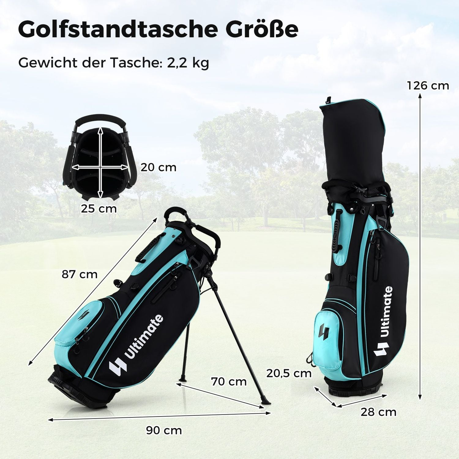 Una bolsa de golf con soporte, negra y turquesa, con dimensiones etiquetadas. La bolsa está sobre un soporte, las dimensiones son en cm.