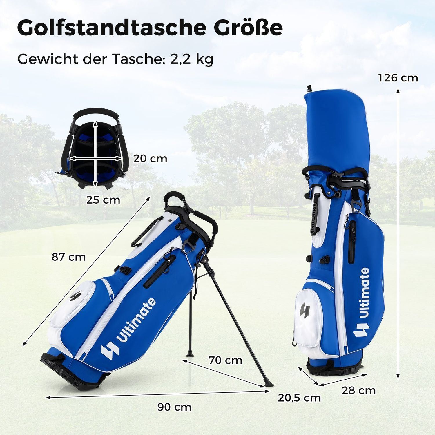 Bolsa de golf de pie azul y blanca con dimensiones etiquetadas. La bolsa está sobre un fondo verde. La bolsa tiene la palabra 'Ultimate'.