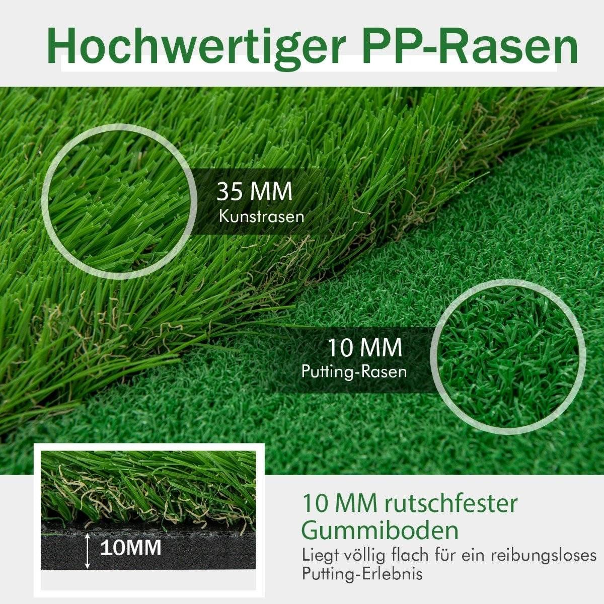 La imagen muestra muestras de césped artificial. Las etiquetas indican diferentes alturas y tipos: 35 mm, 10 mm para putting y base de goma de 10 mm.