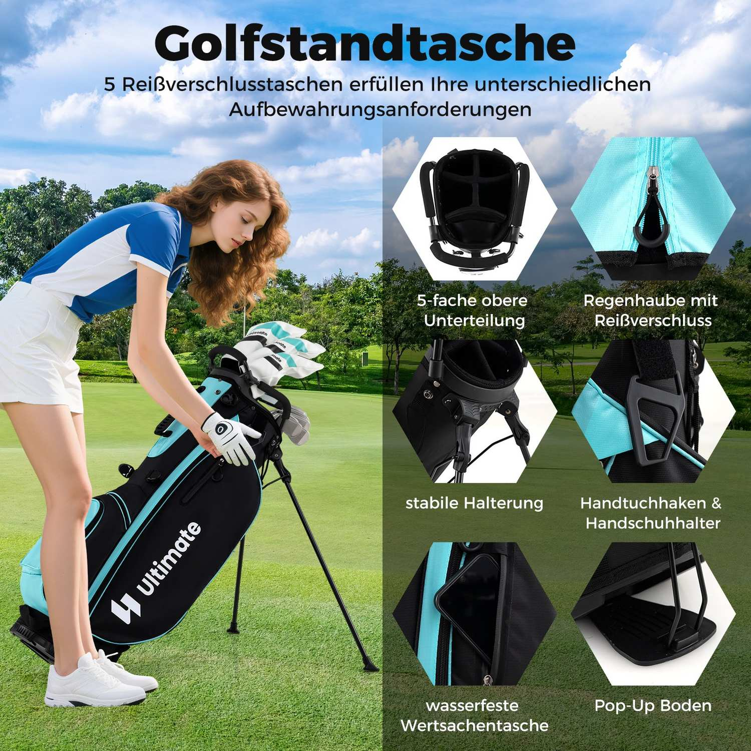 Una mujer coloca palos de golf en una bolsa de golf negra y verde azulado en un campo de golf verde. Incluye bolsillos y un soporte.