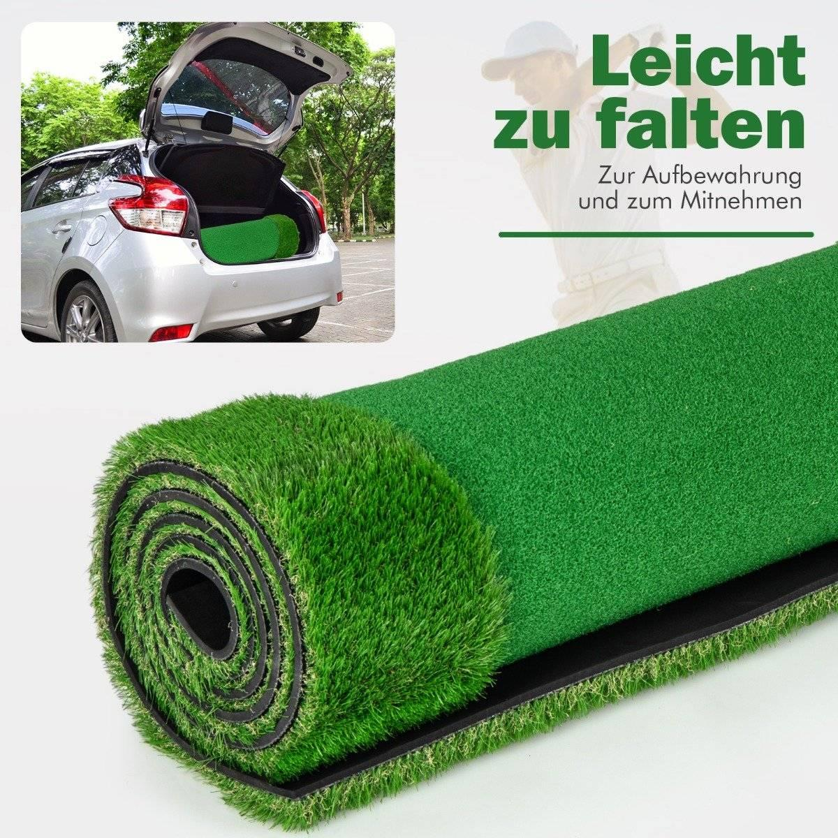Se muestra un césped artificial verde enrollado. El maletero de un coche está abierto con un césped enrollado dentro. El texto dice: 'Fácil de doblar'.