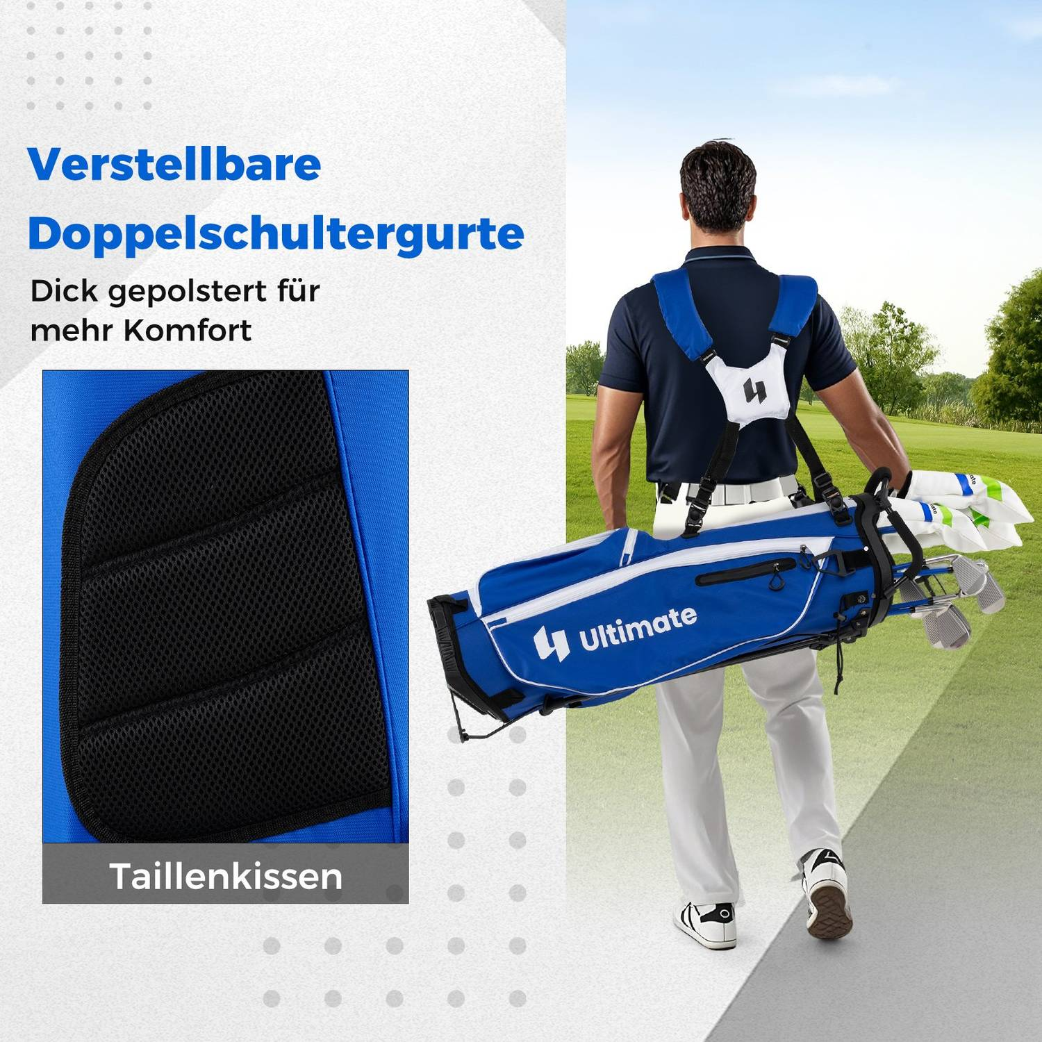 Un hombre se aleja sosteniendo una bolsa de golf azul con la palabra 'Ultimate'. Lleva tirantes azules y pantalones blancos. El inserto muestra detalles.
