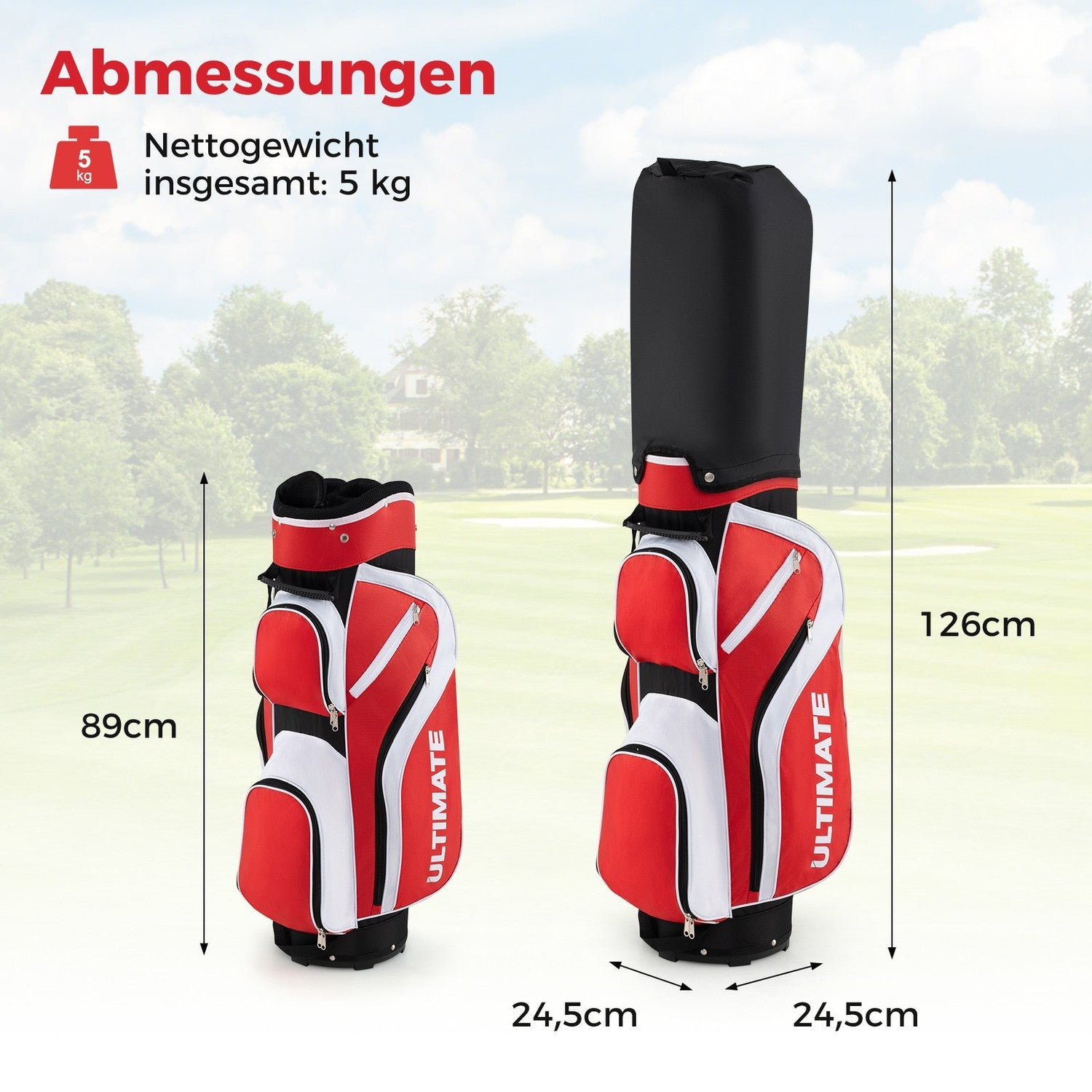 Se muestran dos bolsas de golf rojas y blancas, una más pequeña de 89 cm y otra más grande de 126 cm. Se muestran dimensiones y detalles del peso.